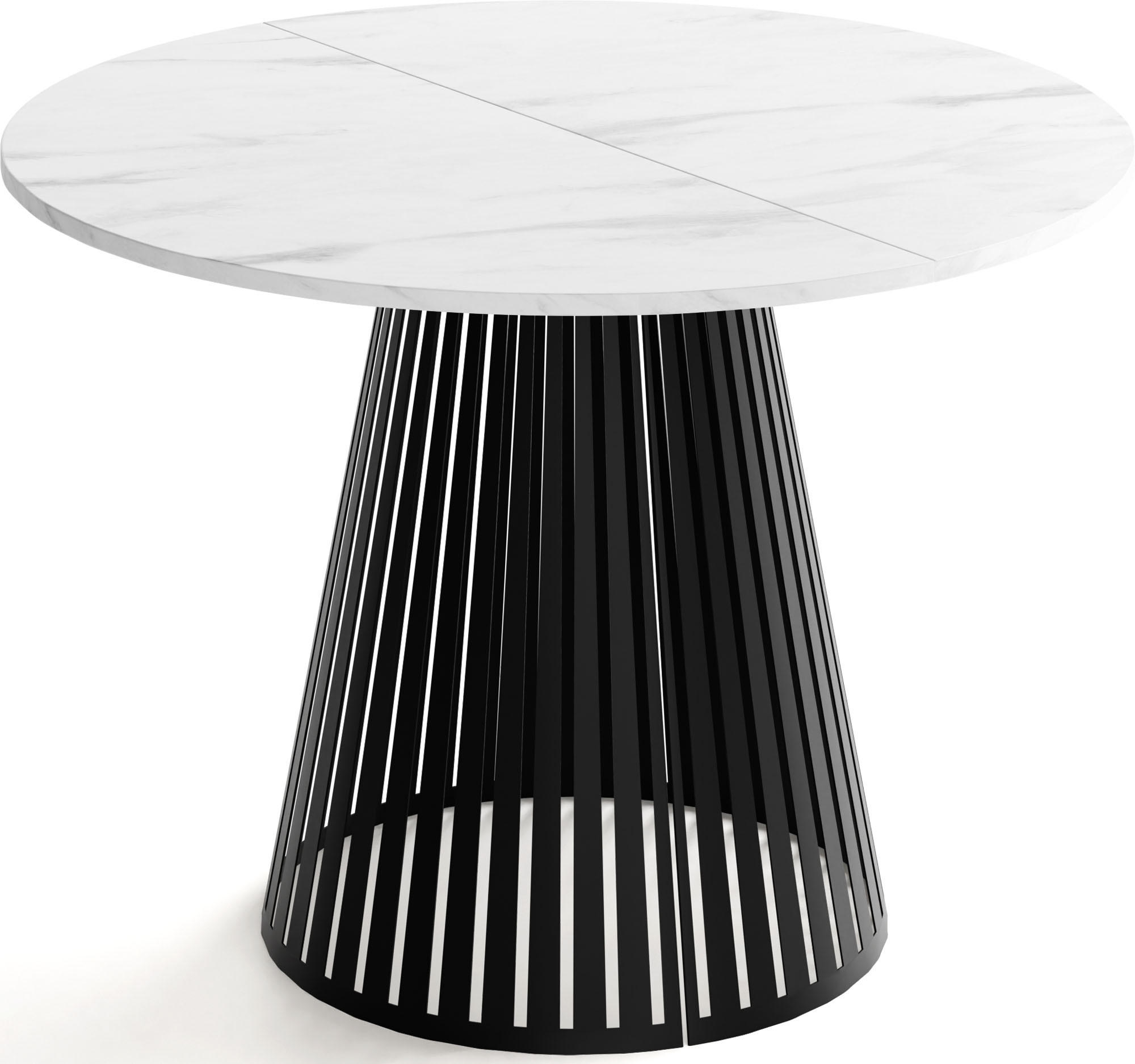ESSTISCH Naro runder ausziehbarer, Marmor Weiß 100-180/100/76 cm - Ecru/Schwarz, Holzwerkstoff/Metall (100/100/76cm) - WFL GROUP
