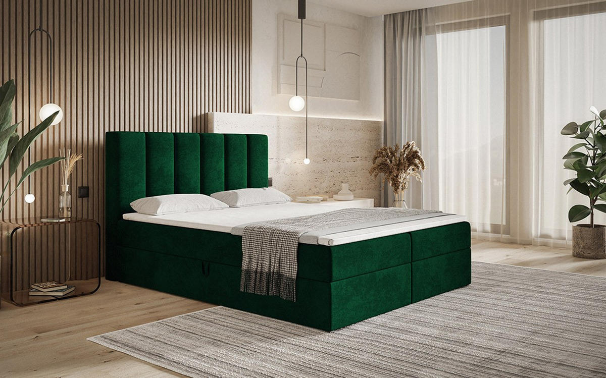 BOXBETT Bonio I 140/200 cm in Grün – mit Bettkasten und Topper - Schwarz/Grün, Holz/Holzwerkstoff (140/200cm) - AX Living