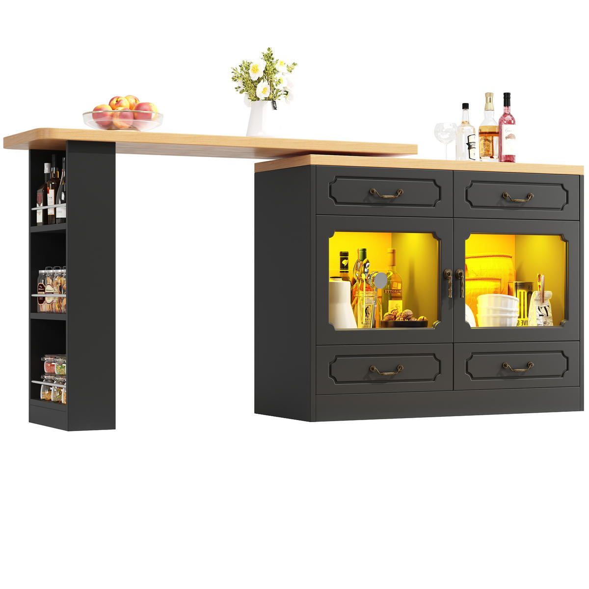 ESSZIMMERSCHRANK aus MDF 135-203x39x92,8cm in Schwarz mit LED - Schwarz, Holzwerkstoff (39/92.8/203cm) - Modfu