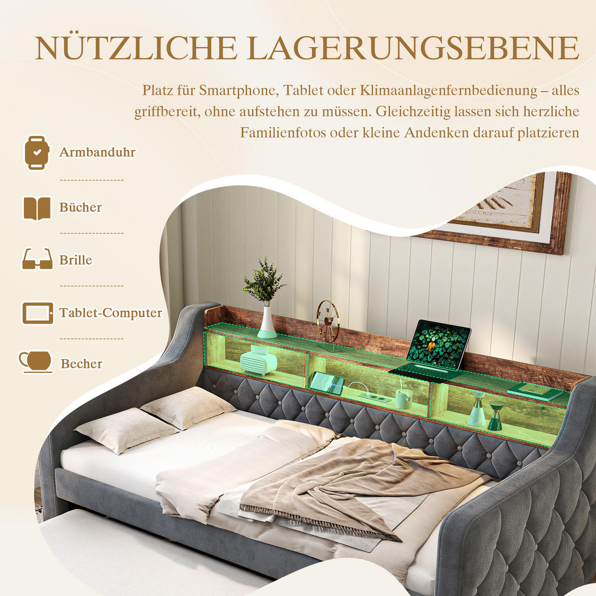SCHLAFSOFA 90/190 cm in Dunkelgrau Samt mit Stauraum, LED und USB-C - Dunkelgrau, Holzwerkstoff/Textil (90/190cm) - WISHDOR