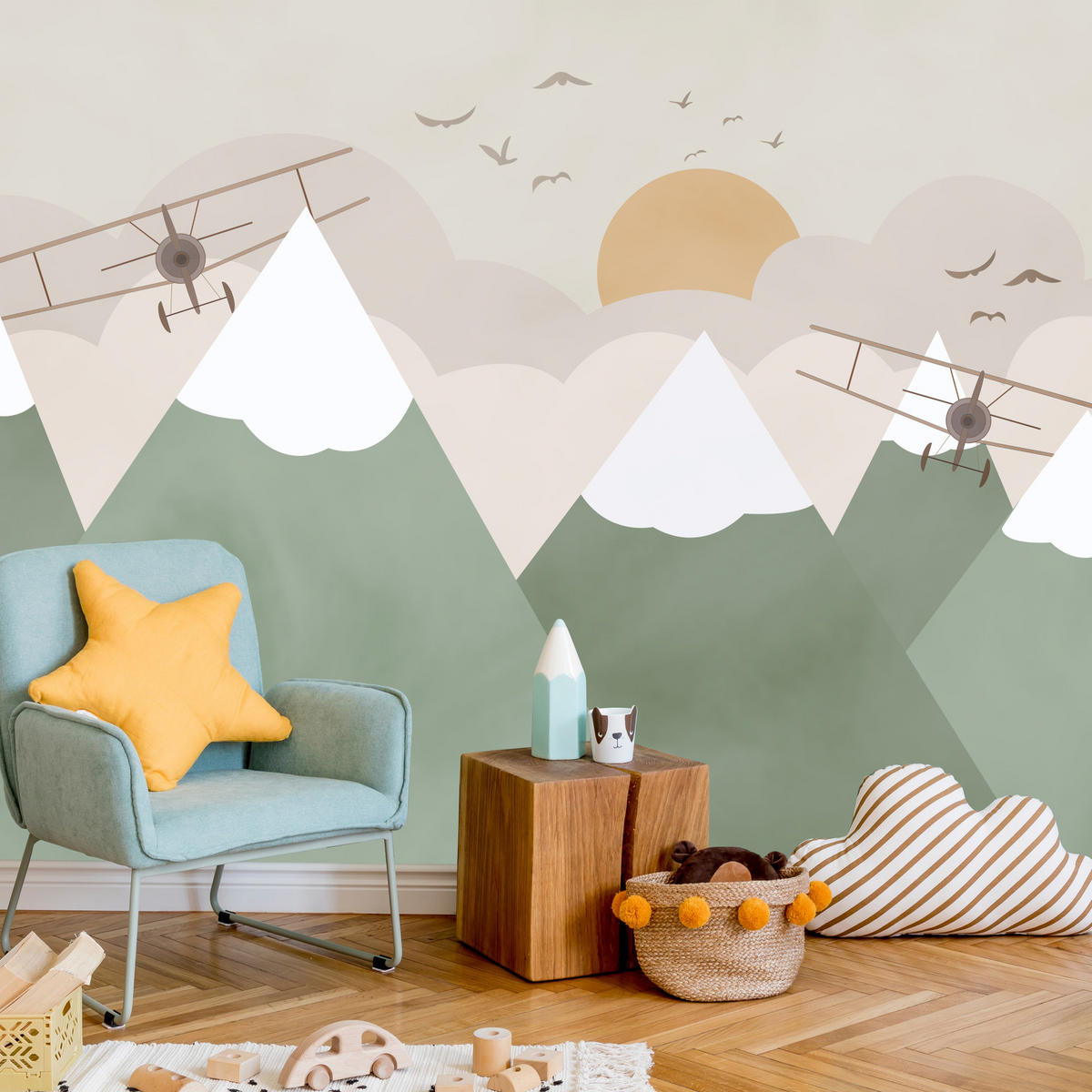 FOTOTAPETE für Kinderzimmer Berge Flugzeuge Wolken 300x210 - Beige/Orange, Papier (300/210cm) - Muralo