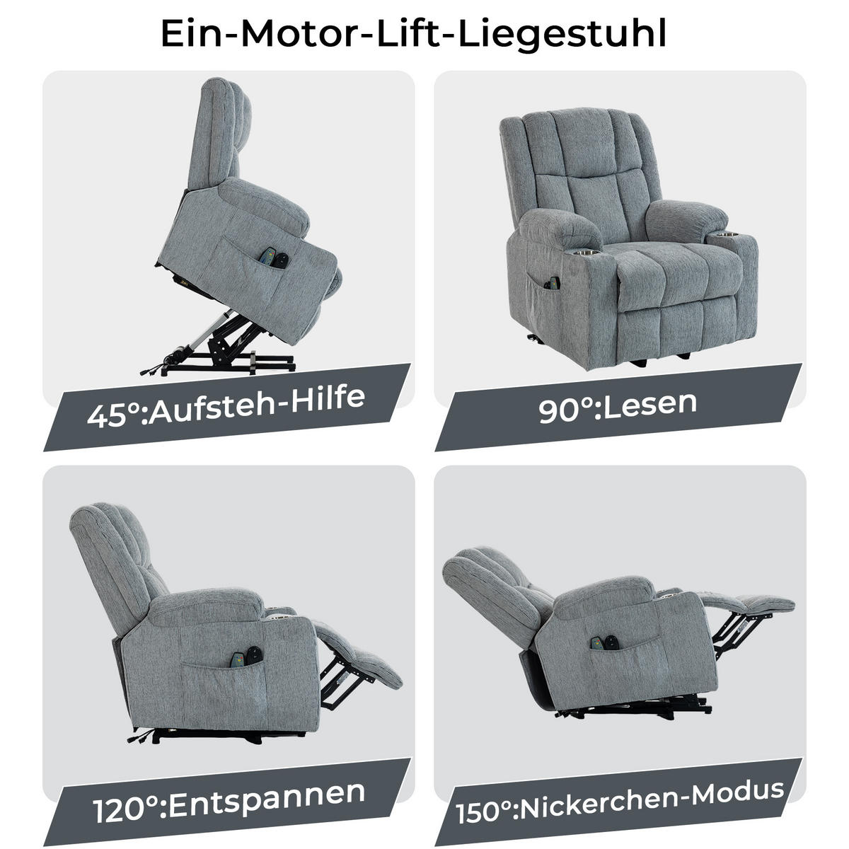 ELEKTRISCHER Relaxsessel Samt mit Aufstehhilfe, Massage, Wärme 91/84/106 cm Hellgrau - Hellgrau, Textil (84/106/91cm) - Redom