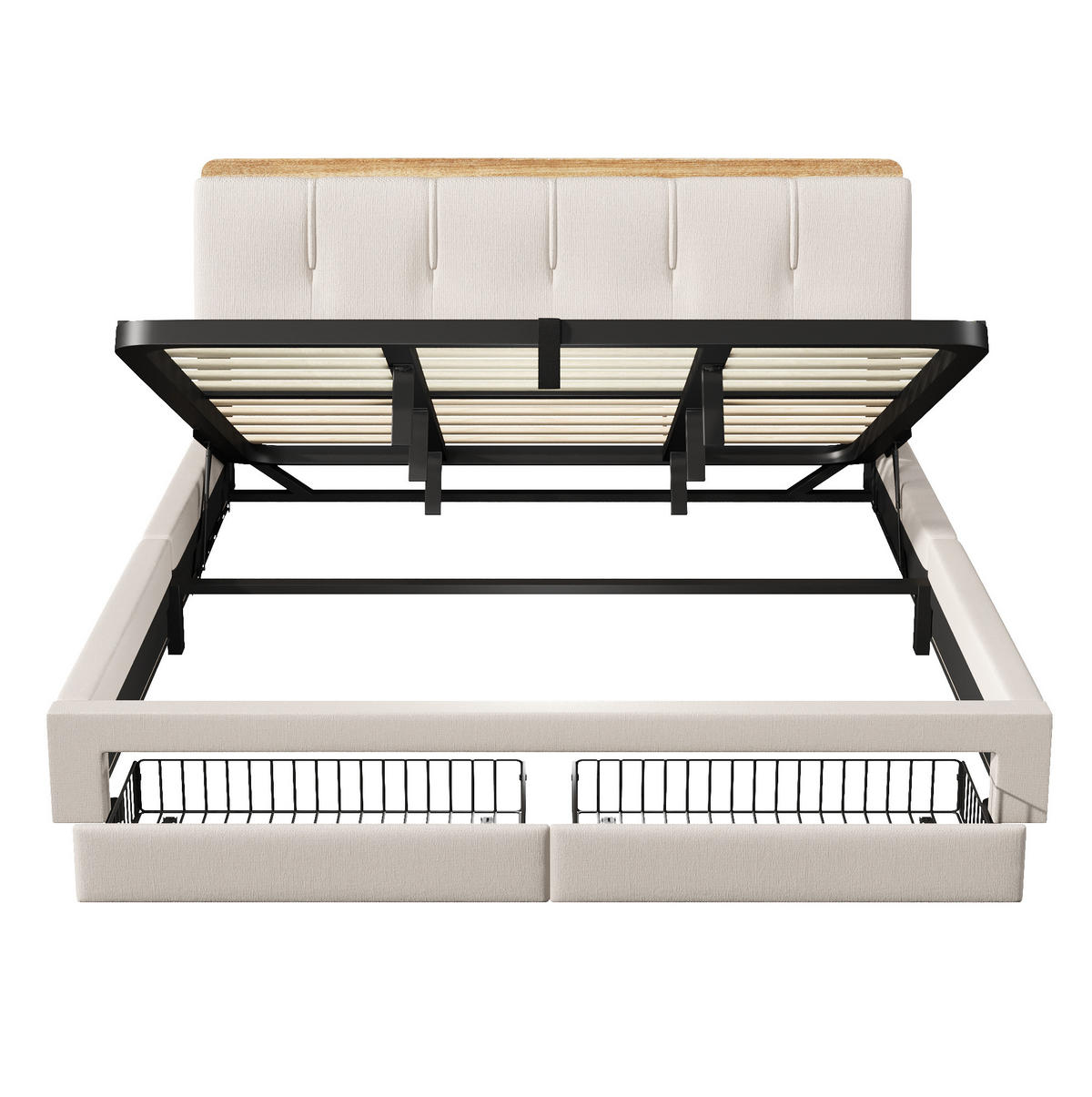 POLSTERBETT 180/200 cm mit USB-, Typ-C-Anschluss, LED und hydraulischem Stauraum, Leinen, Beige - Beige, Textil (180/200cm) - Redom