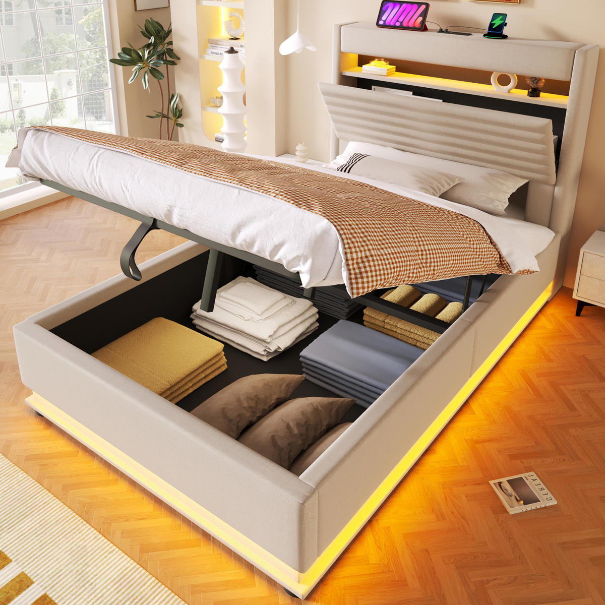 POLSTERBETT 90/200 cm in Beige mit LED-Beleuchtung und Stauraum - Beige, Textil (90/200cm) - Flora Grace