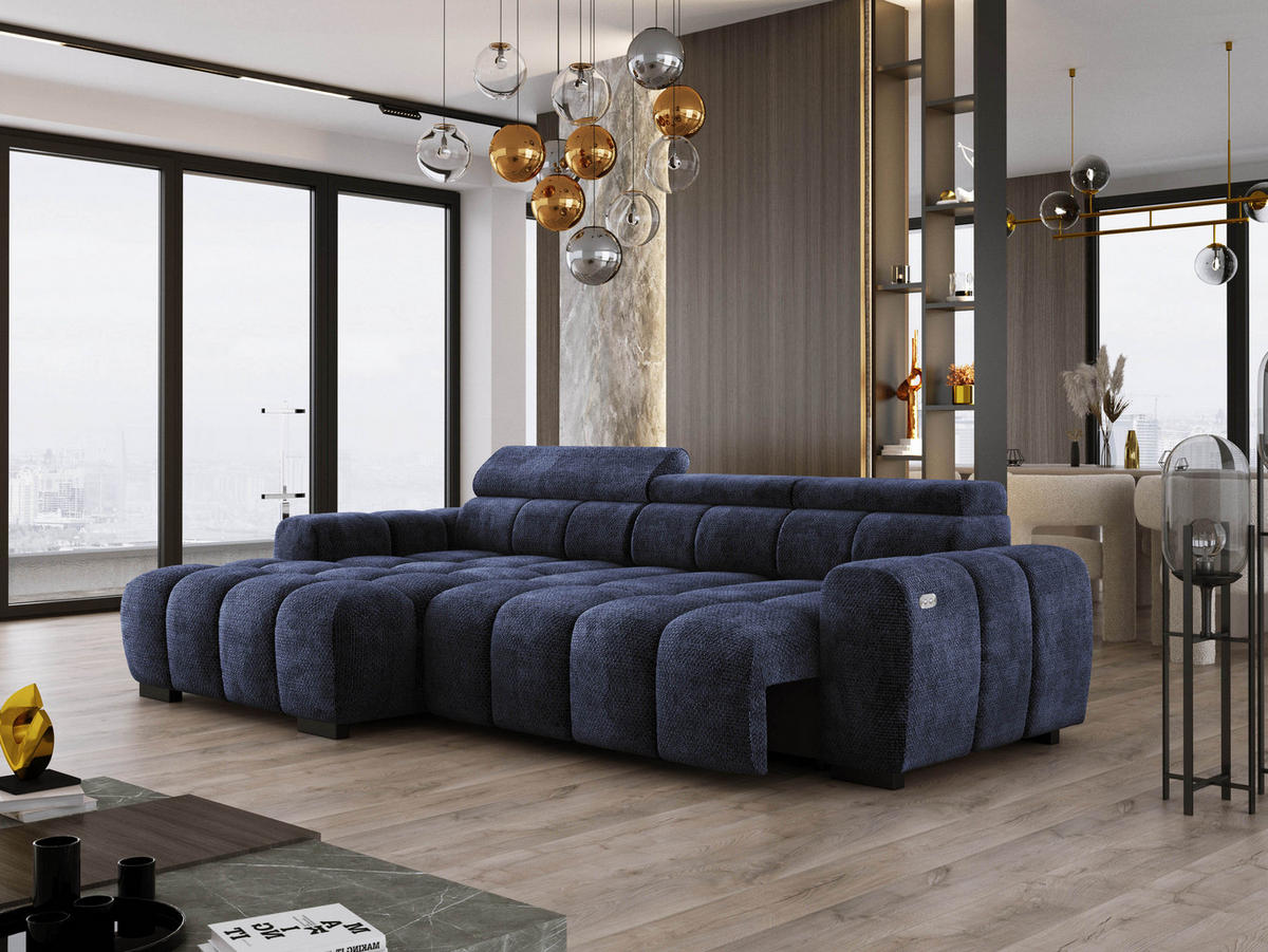 ECKSOFA OMBO 285x168x77/97 cm, Links, Schlaffunktion, elektr. Sitz, Kopfstützen, hydrophober EDEN-Stoff – Dunkelblau - Dunkelblau, Holz/Textil (168/285cm) - DomoHome