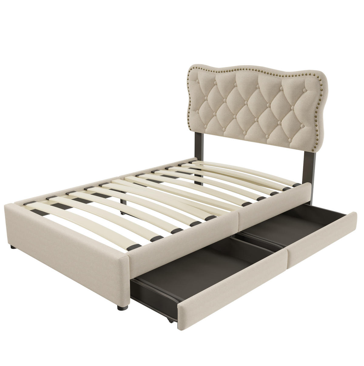 POLSTERBETT 90/200 cm Dunkelbeige aus MDF und Leinenstoff mit 2 Schubladen - Beige, Textil (90/200cm) - OKMYHOME