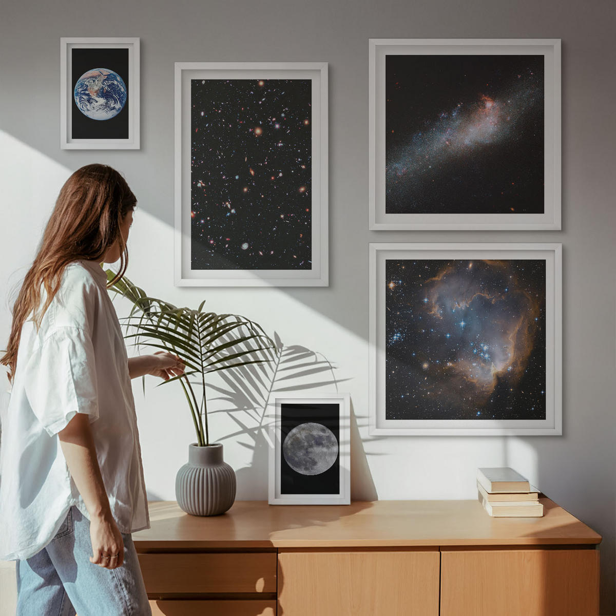 BILDER SET 5er Set - 50x50 cm & 20x30 cm & 40x60 cm Weißer Rahmen - Galaxie Weltraum Mond - Weiß, Kunststoff (40/60cm) - TULUP
