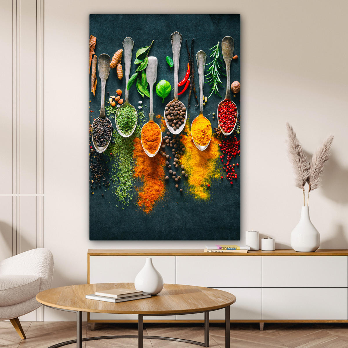 LEINWANDBILD Kräuter - Gewürze - Löffel Deko XXL 80x120 cm - Currygelb, Textil (80/120cm) - MuchoWow