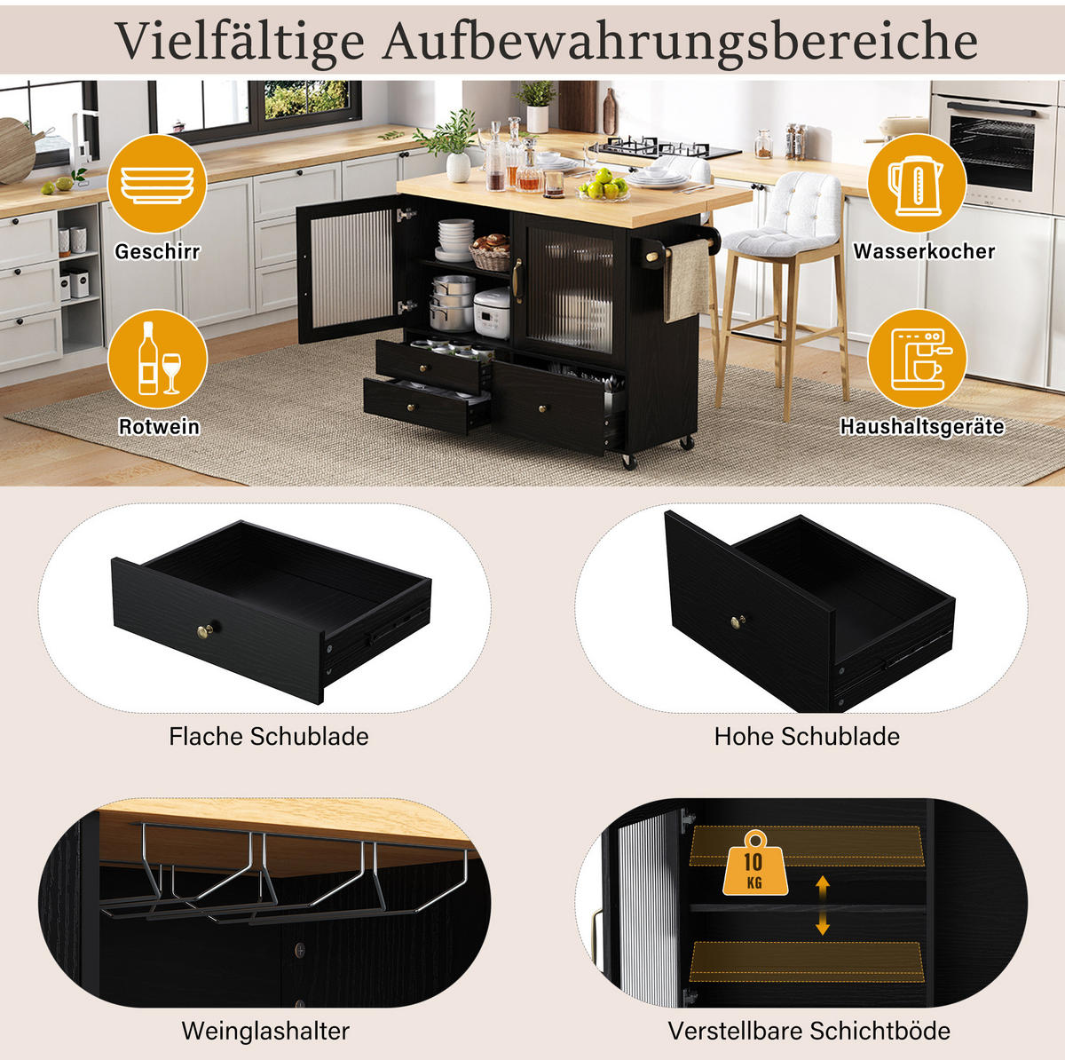 KÜCHENINSEL mit Rollen und Ausziehplatte 100 cm Schwarz/Natur - Schwarz, Holz (42/91.5/100cm) - Beauniv