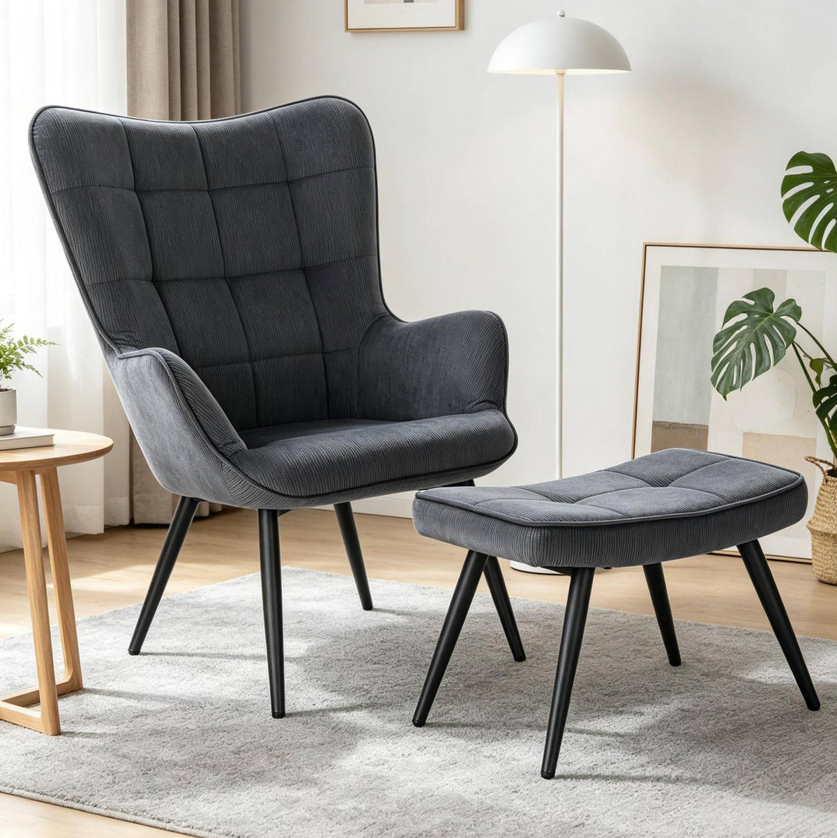 SESSEL mit Hocker 50/49/97 cm in Dunkelgrau aus Cord mit Metallgestell - Dunkelgrau, Textil (68/97/49cm) - BEAOK