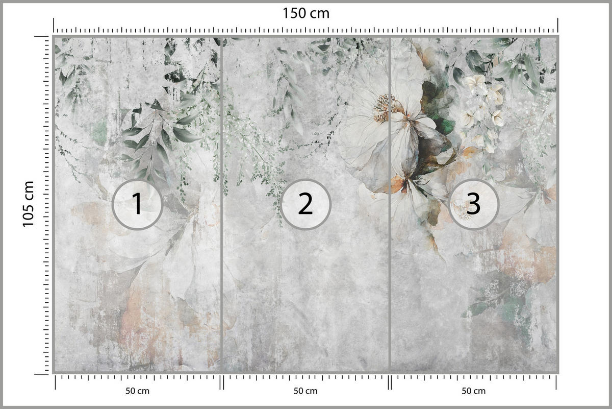 FOTOTAPETE für Esszimmer Zarte Blumen Blätter Beton 150x105 - Orange/Grau, Papier (150/105cm) - Muralo