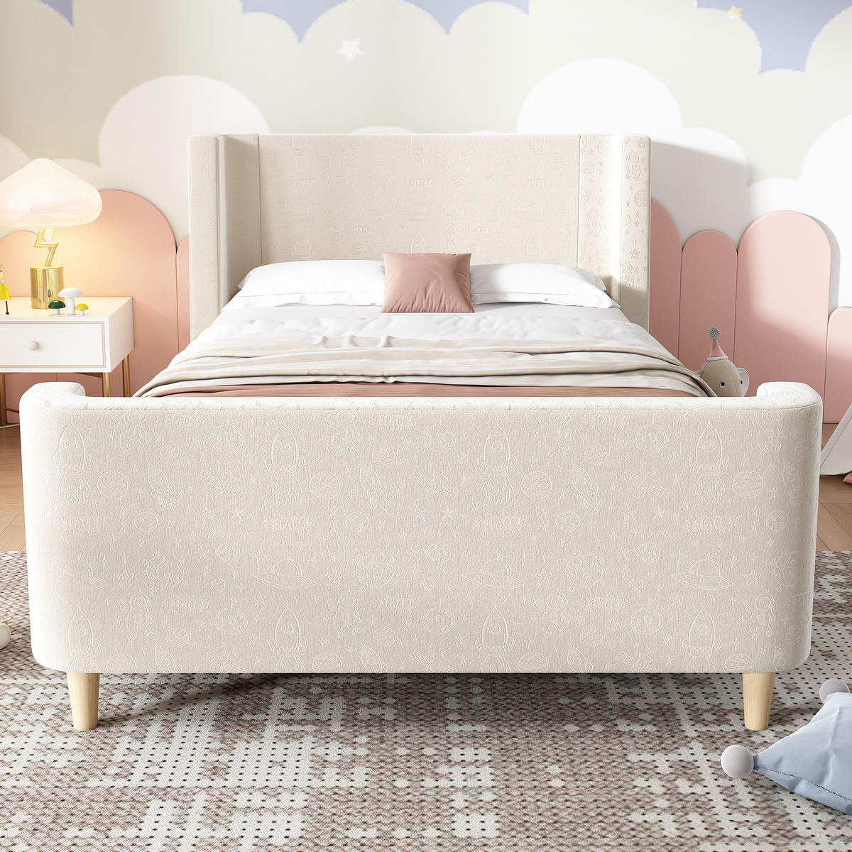 KINDERBETT 90/200 cm DE-00691, in Beige, Schlittenbett-Design und Weltraum-Muster - Beige, Holz (90/200cm) - ComfortXL