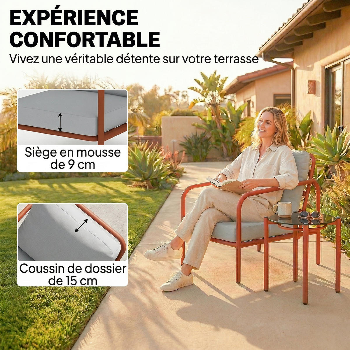 BALKONSET DE-14234 2 Sessel mit dicken Polstern, Glastisch Rotwein - Weinrot, Metall - ComfortXL