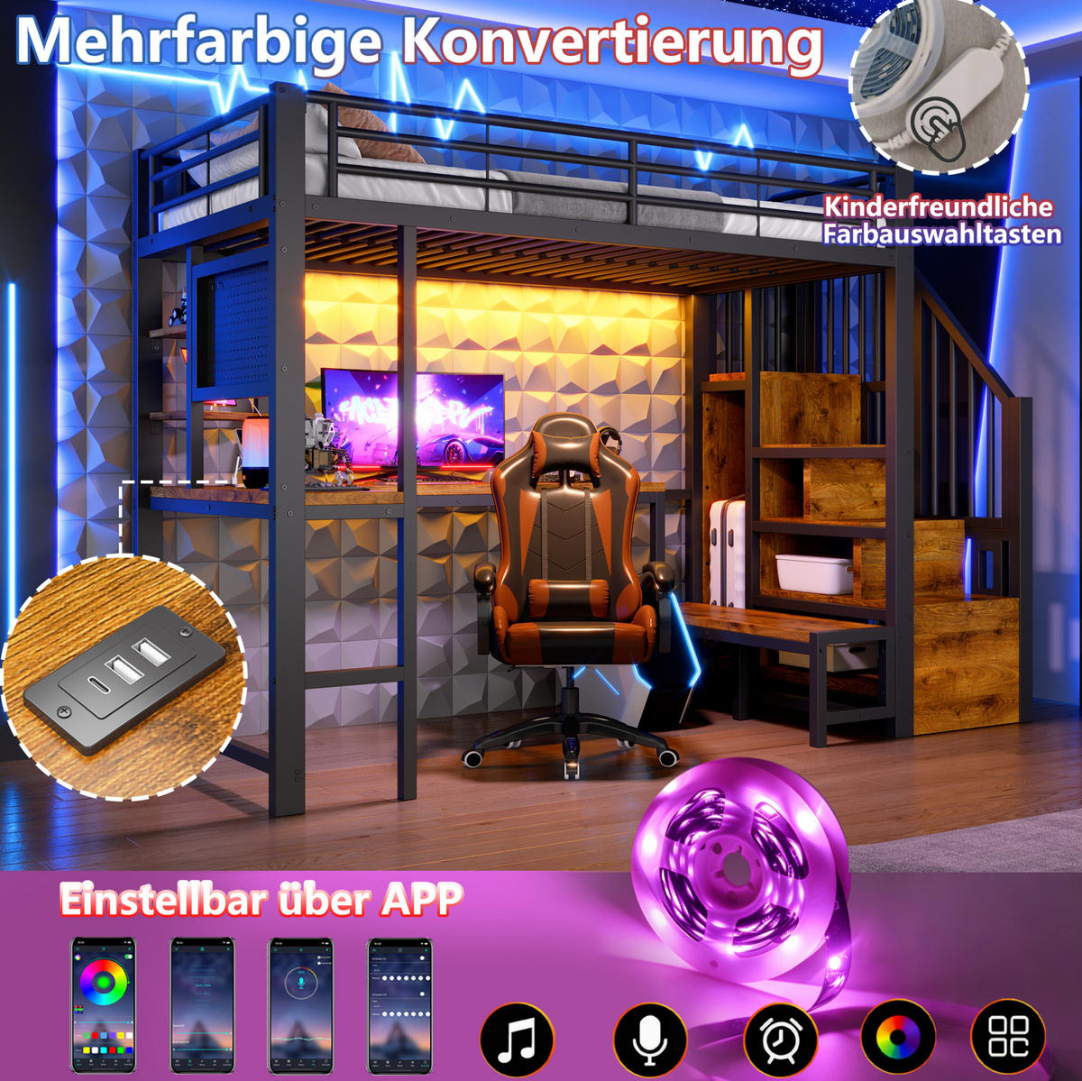 HOCHBETT Metall/MDF 90x200 cm Schwarz mit Schreibtisch, Stauraumtreppe, LED, USB & USB-C - Schwarz, Holzwerkstoff (90/200cm) - Modfu