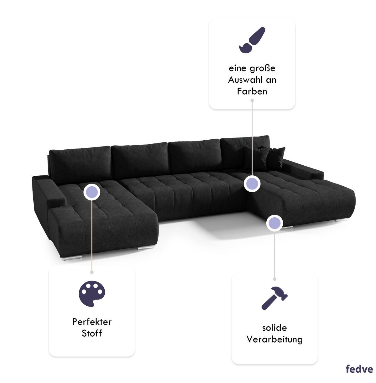 WOHNLANDSCHAFT mit Schlaffunktion Dhaka U, Schwarz - Schwarz, Textil (185/85/350cm) - Fedve