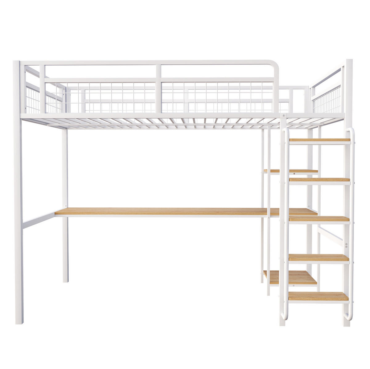 VISOKI krevet 140/200 cm s sigurnosnim ljestvama, stolom i policama, metalna konstrukcija, Bijela - bijela, metal (140/200cm) - Redom