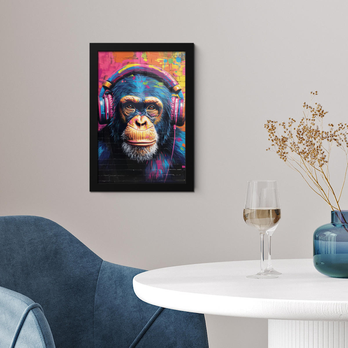 GERAHMTES BILD Graffiti - Schimpanse - Straßenkunst - Kopfhörer - Affe 20x30 cm - Blau, Papier (20/30cm) - MuchoWow