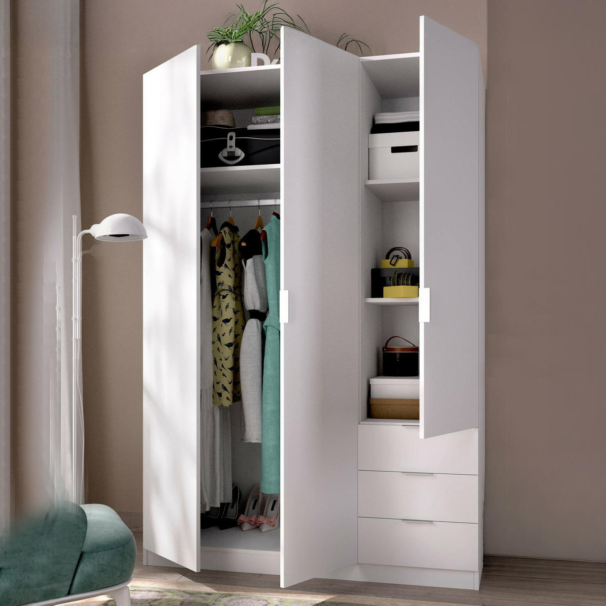 KLEIDERSCHRANK 3 TÜREN Weiß 52/121/184 cm - Weiß, Holzwerkstoff (121/184/52cm) - DMORA