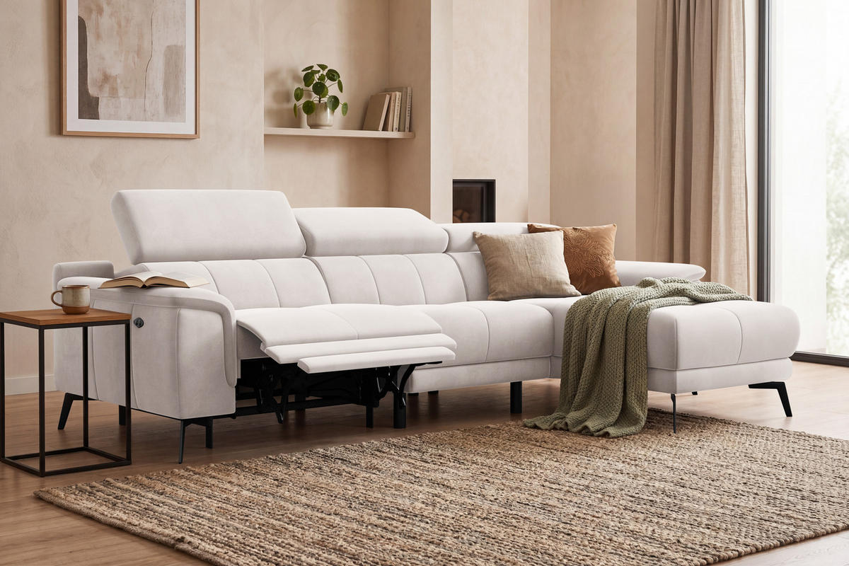 ECKSOFA FIERO 4-Sitzer RECHTS, Beiger Veloursstoff - Beige/Schwarz, Holz/Textil (288/170cm) - Courtois Laville