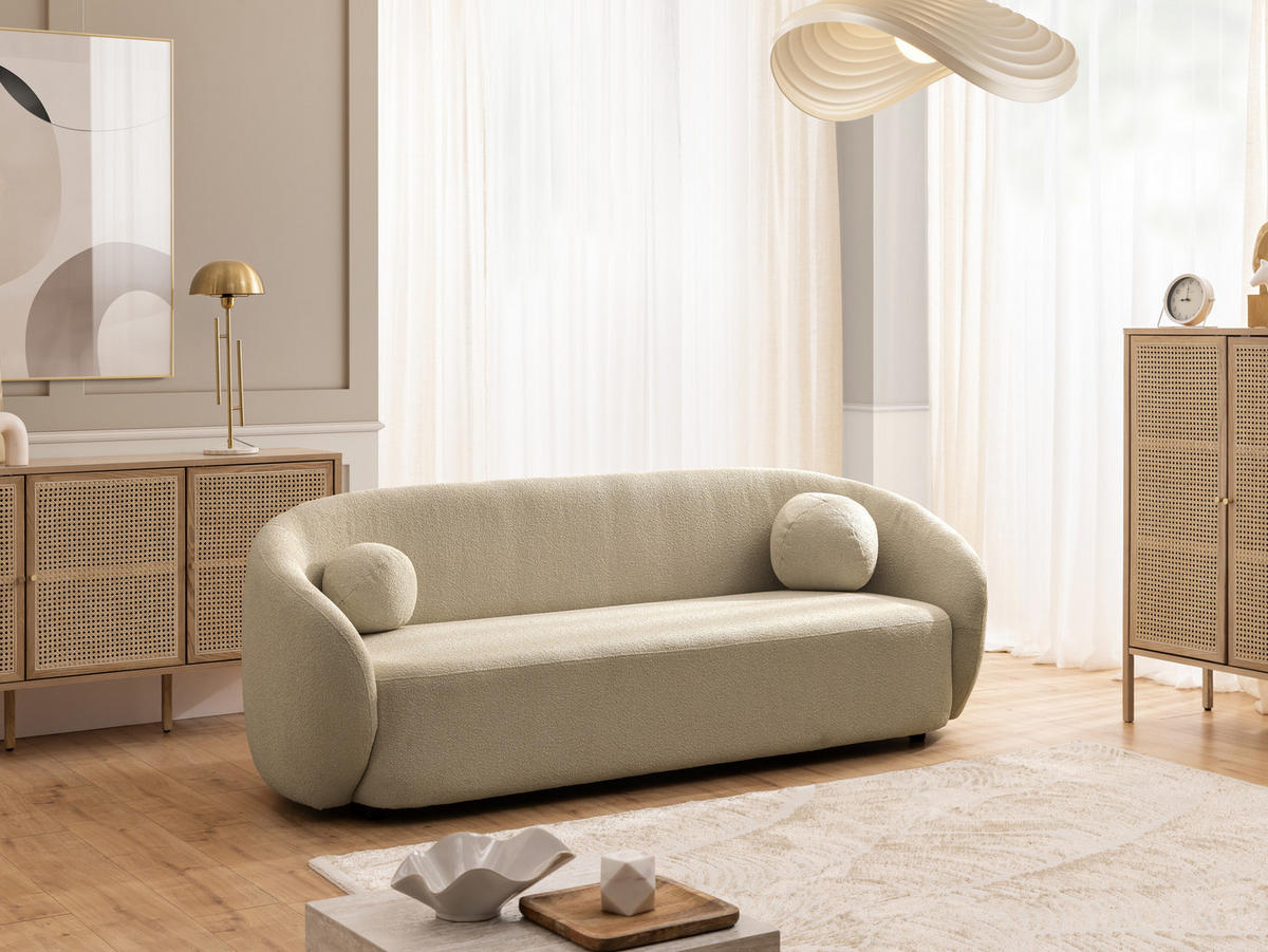 3-SITZER-SOFA Roundi Beige Bouclé - Beige/Schwarz, Holz/Kunststoff (208/76/80cm) - S-Style Möbel