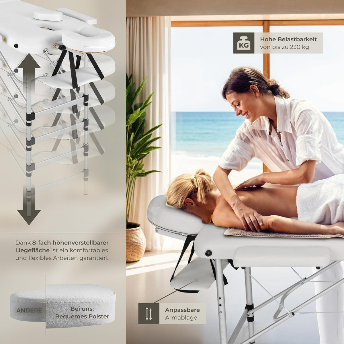 MASSAGELIEGE 2 Zonen, 210 x 95 x 89 cm,weiß - Weiß, Metall (60/89/205cm) - tectake