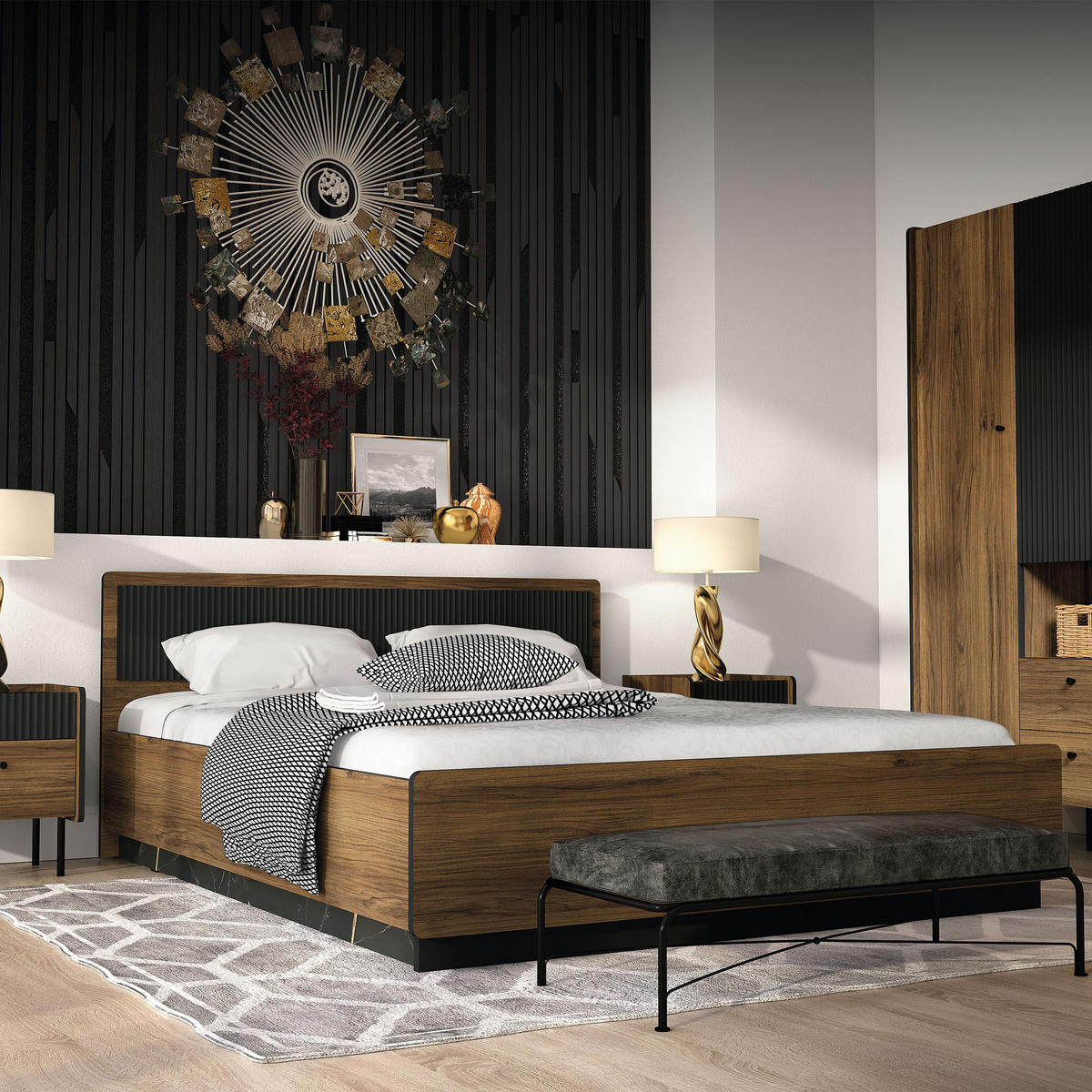 VITRINE Piano mit 2 Türen und 2 Schubladen, Mattschwarz + Warmia-Nussbaum - Dunkelbraun/Schwarz, Holzwerkstoff (59/191/40cm) - Beautysofa