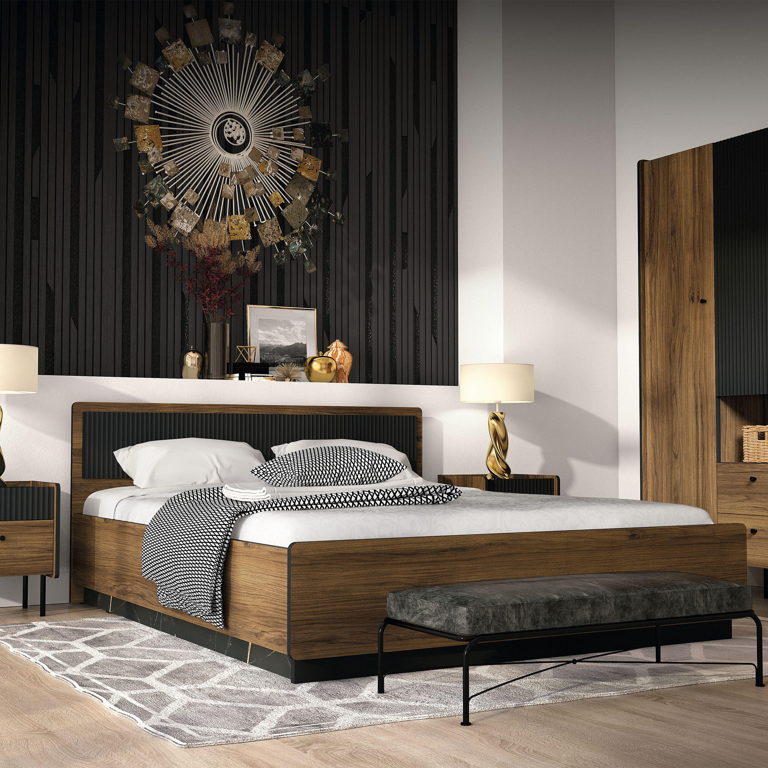 Thumbnail - Beautysofa Bett, Schwarz, Dunkelbraun, Holzwerkstoff, 160x200 cm, Schlafzimmer, Betten