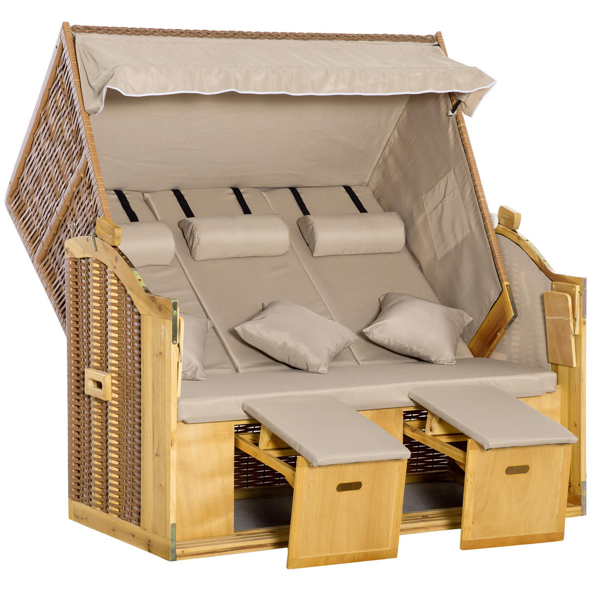 STRANDKORB 3-SITZER DE-06691 5-stufig verstellbar, mit Dach & Tischen Natur - Naturfarben, Holz/Kunststoff (150/160/79cm) - ComfortXL