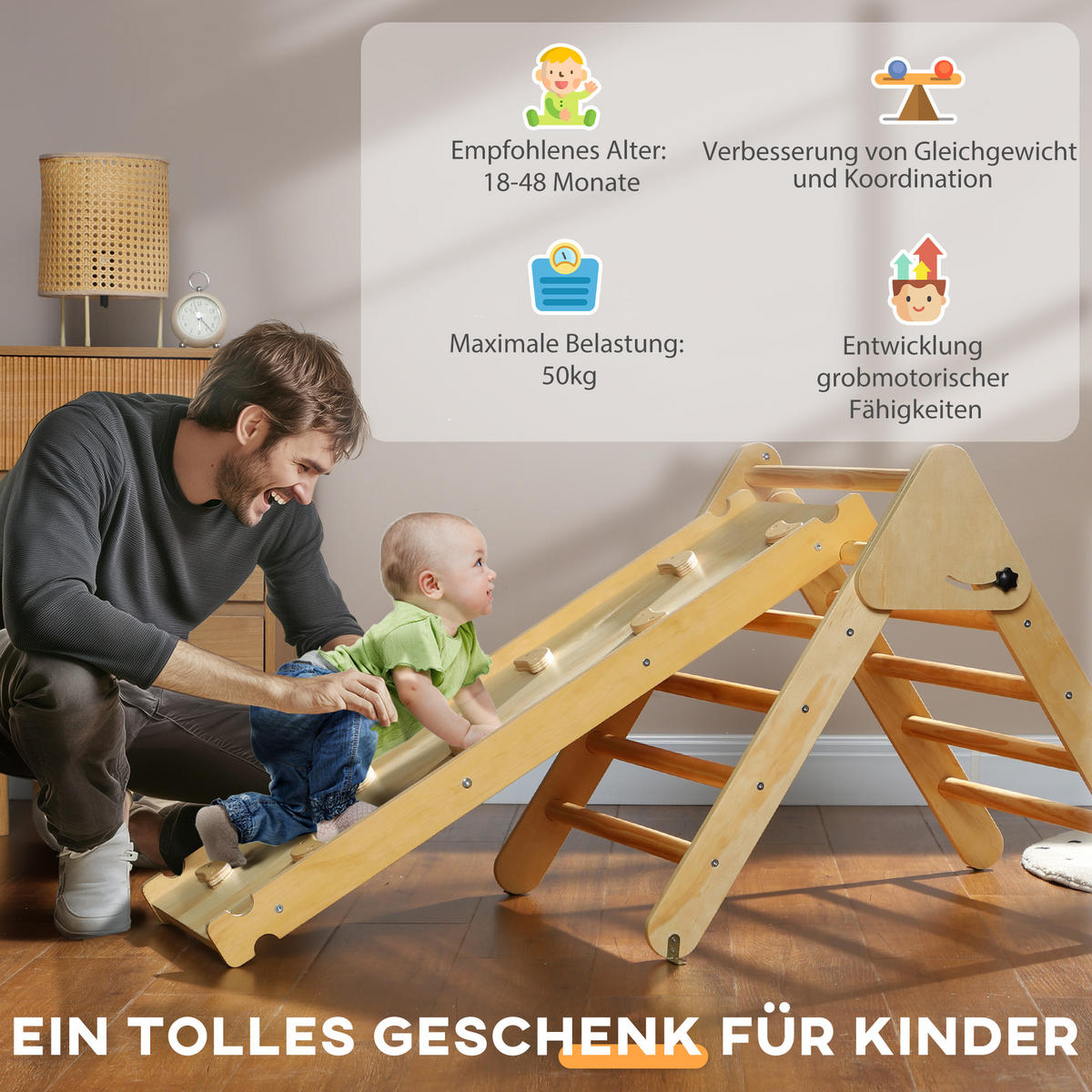2 in 1 Klettergerüst Set mit Rutsche, Kletterdreieck zum Rutschen und Klettern - Naturfarben, Holzwerkstoff (64.5/59/147cm) - AIYAPLAY