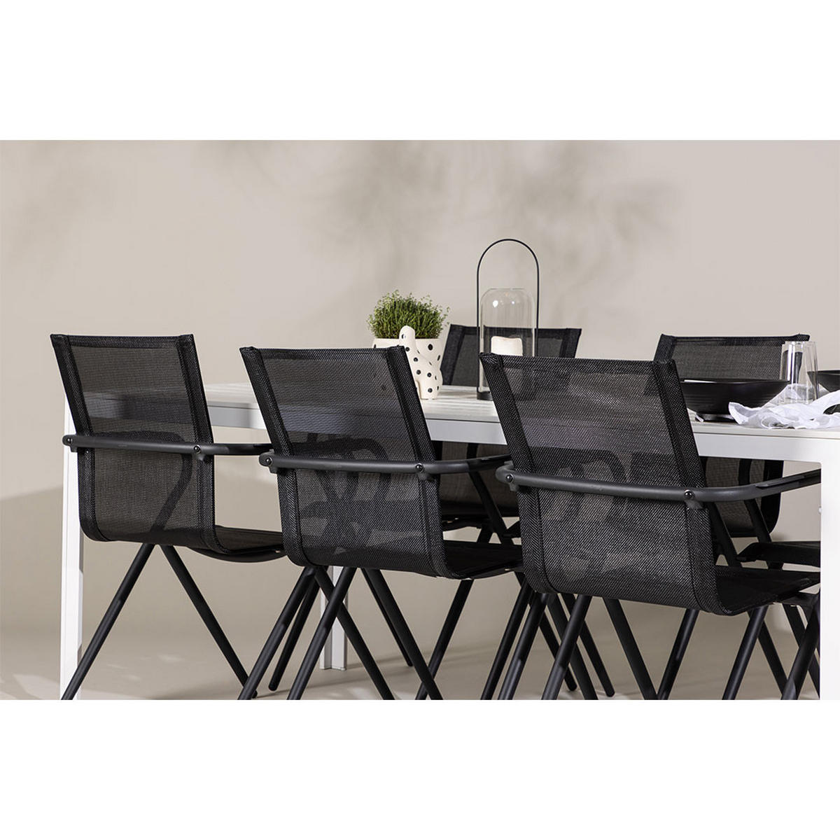 GARTENSET, Break, Tisch Weiß, Stühle Schwarz, Metall / Stoff, 90 x 205 x 75 cm, 7-teilig - Weiß, Metall - ebuy24