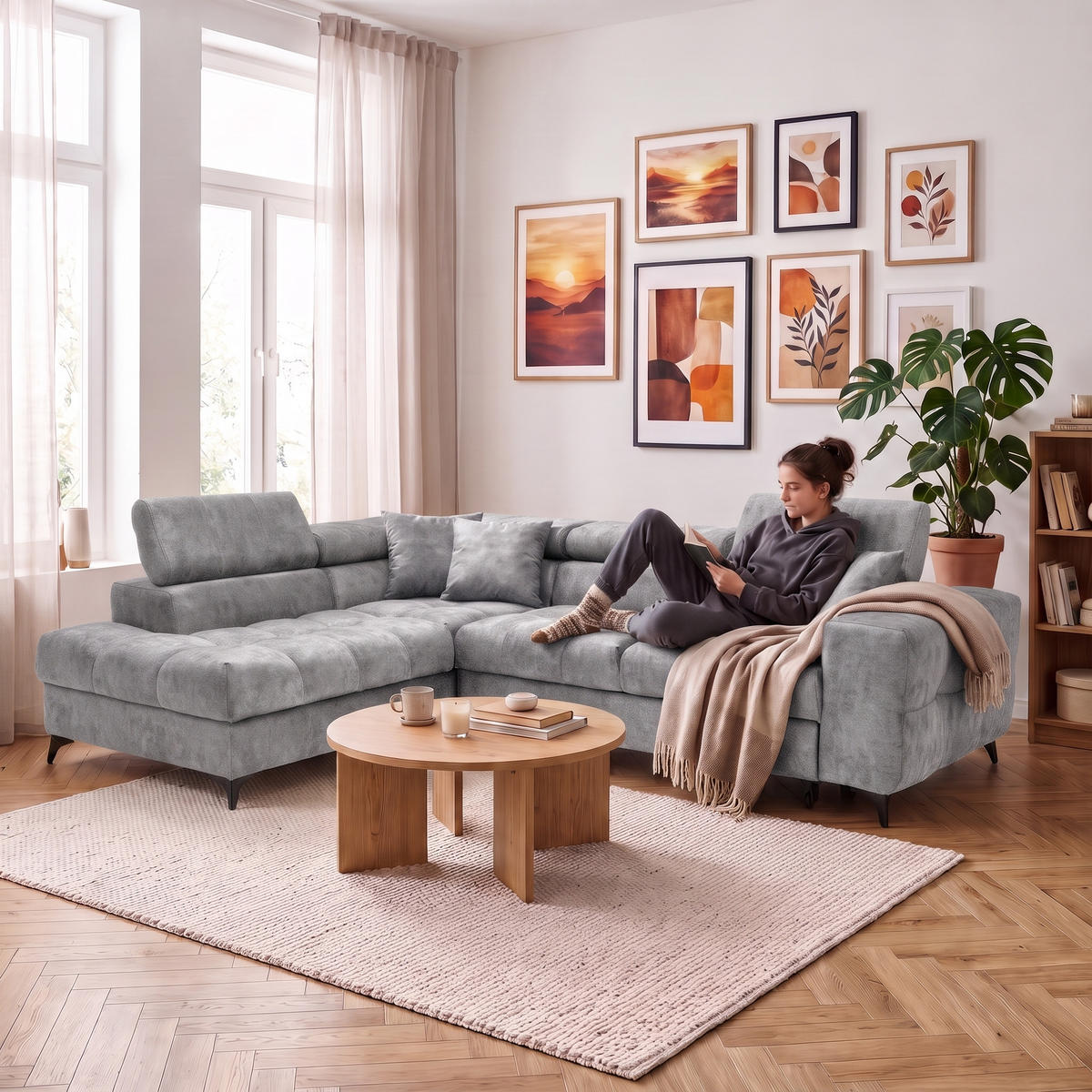 ECKSOFA PUDDING L Links mit Schlaffunktion 128x197 Velours Grau - Schwarz/Grau, Holz/Textil (270/204cm) - Muffo