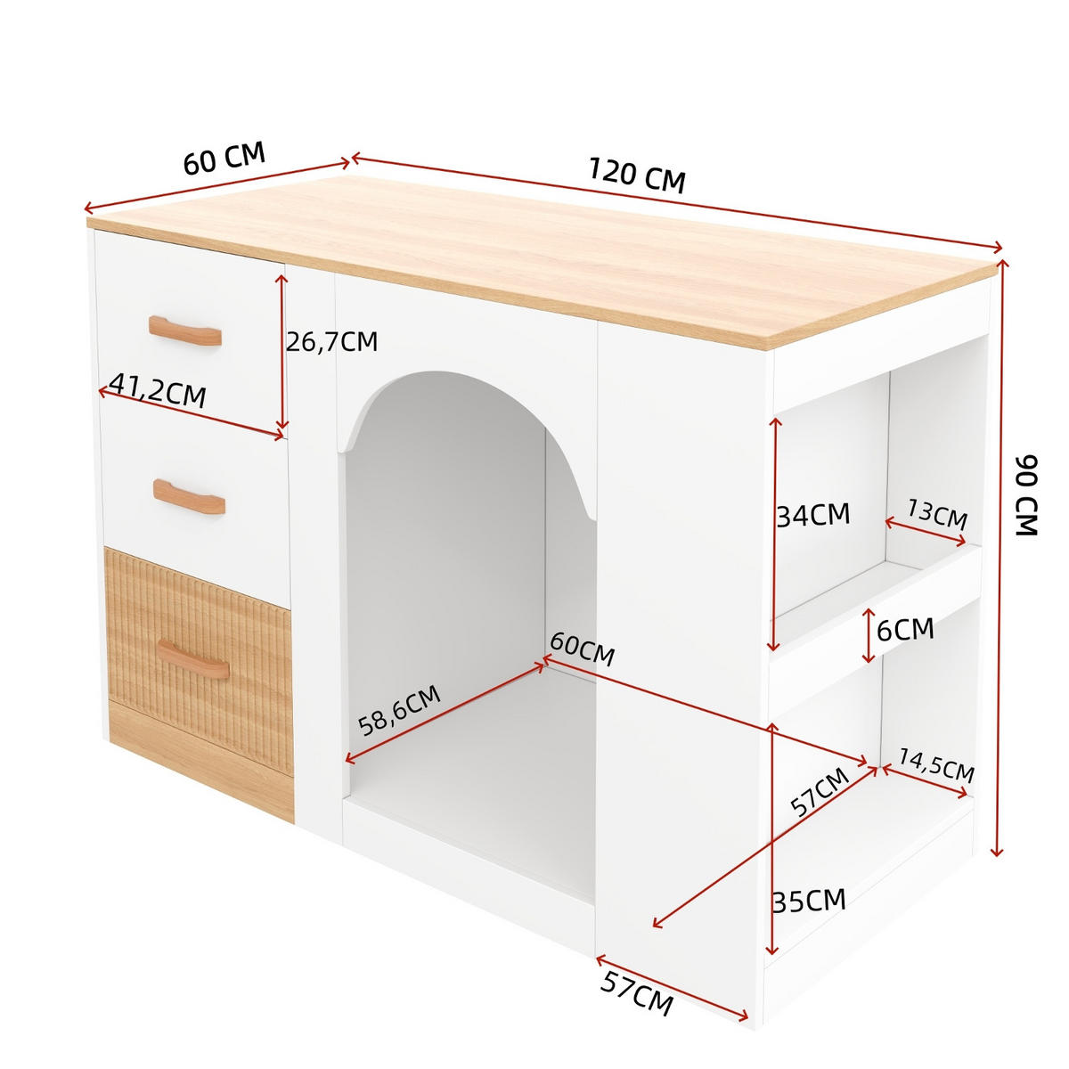 KÜCHENINSEL MIT RUHEBEREICH MIT 3 SCHUBLADEN, Kombination Und Holzoptik, 120/60/90 cm - Weiß, Holzwerkstoff (60/90/120cm) - Rolipo