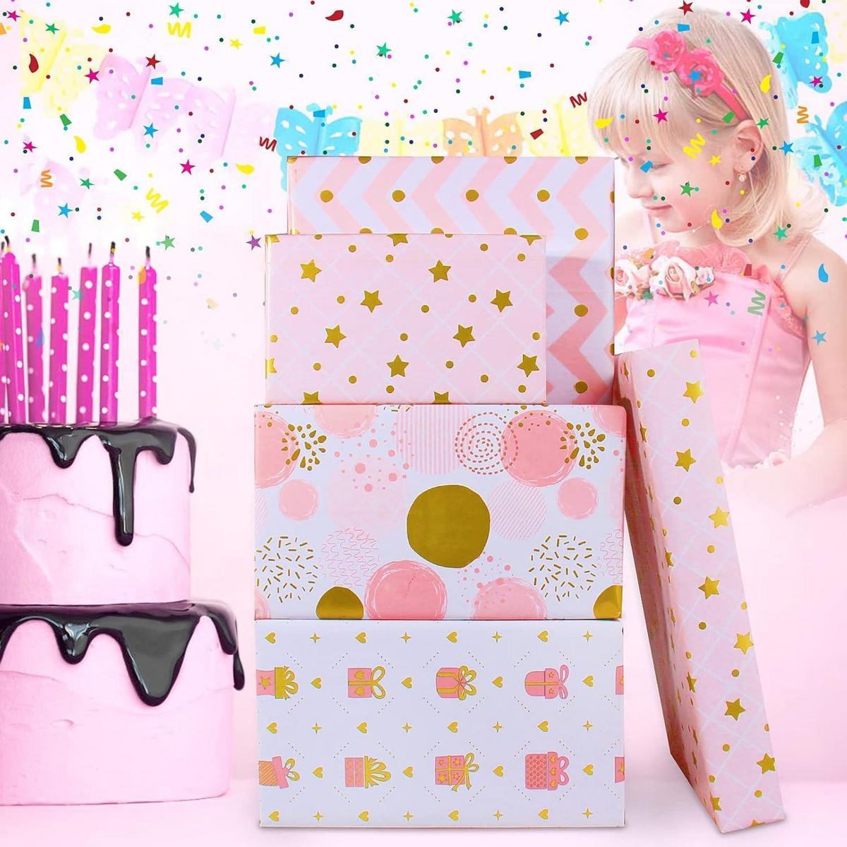 GESCHENKPAPIER Set 6-teilig mit Bändern und Aufklebern Rosa/Gold - Multicolor, Papier (22/0.5/25cm)