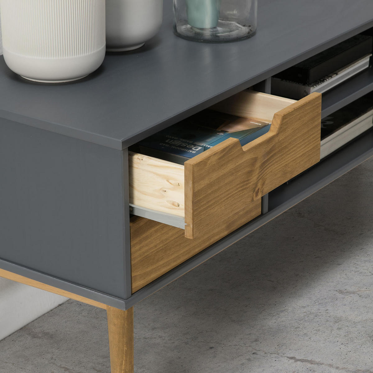 TV-ELEMENT Java 1 Tür 2 Schubladen Grau - Anthrazit, Holz (140/52/40cm) - VS Venta-stock