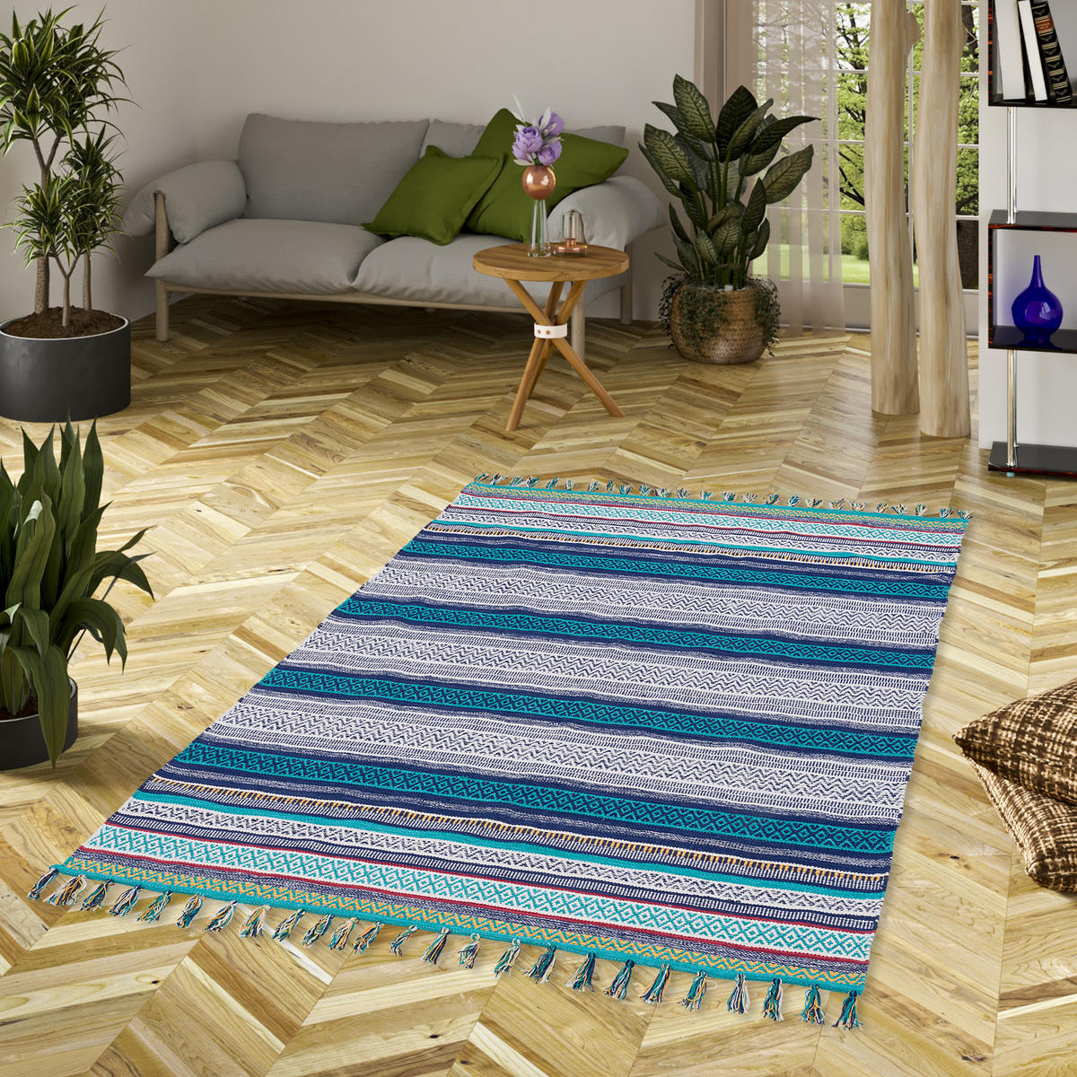 KELIM BAUMWOLLE NATUR TEPPICH GRACE - Blau, Textil (120/180cm) - Pergamon