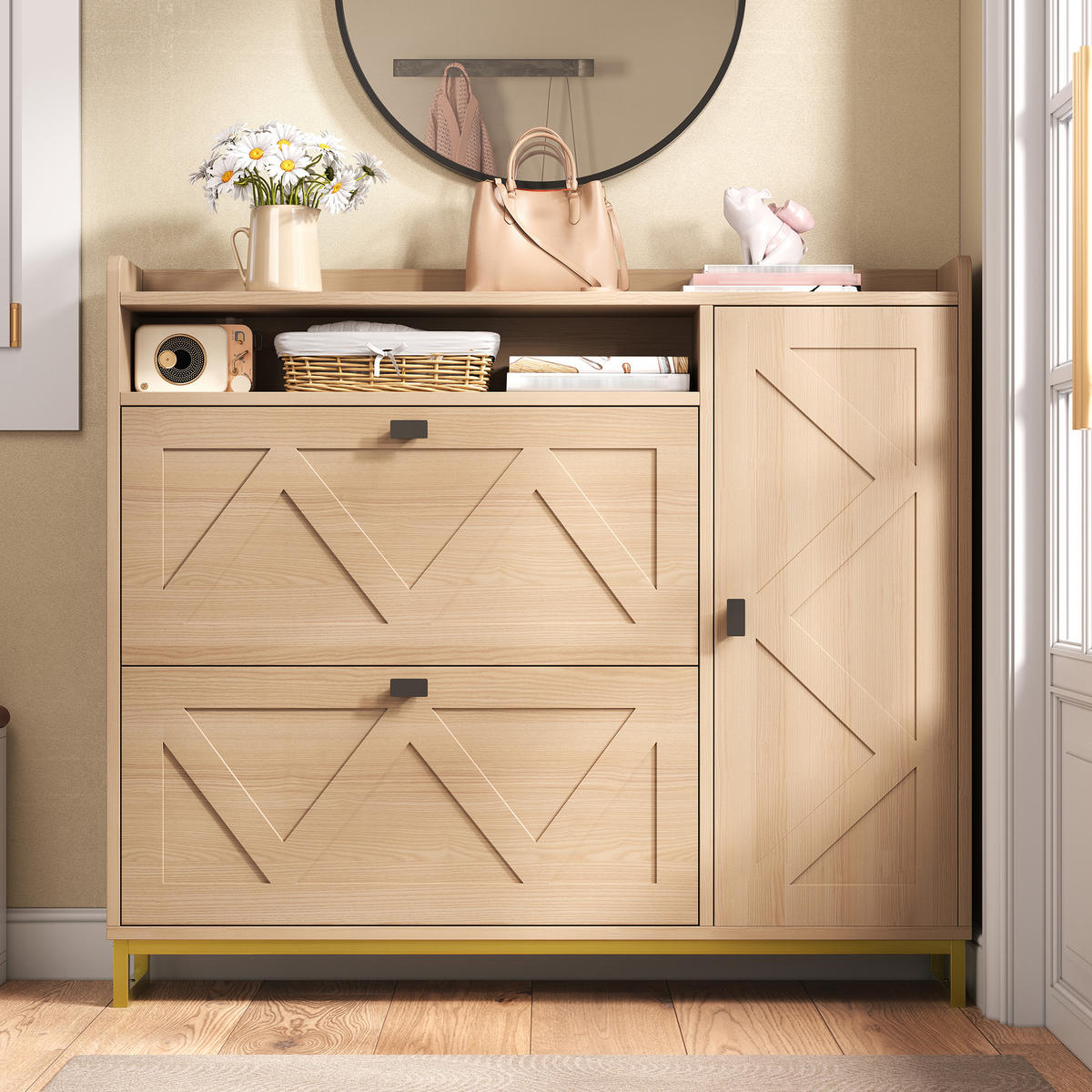 SCHUHSCHRANK aus MDF 110x24x100cm in Natur mit Soft-Close - Naturfarben, Holzwerkstoff (110/100/24cm) - Modfu