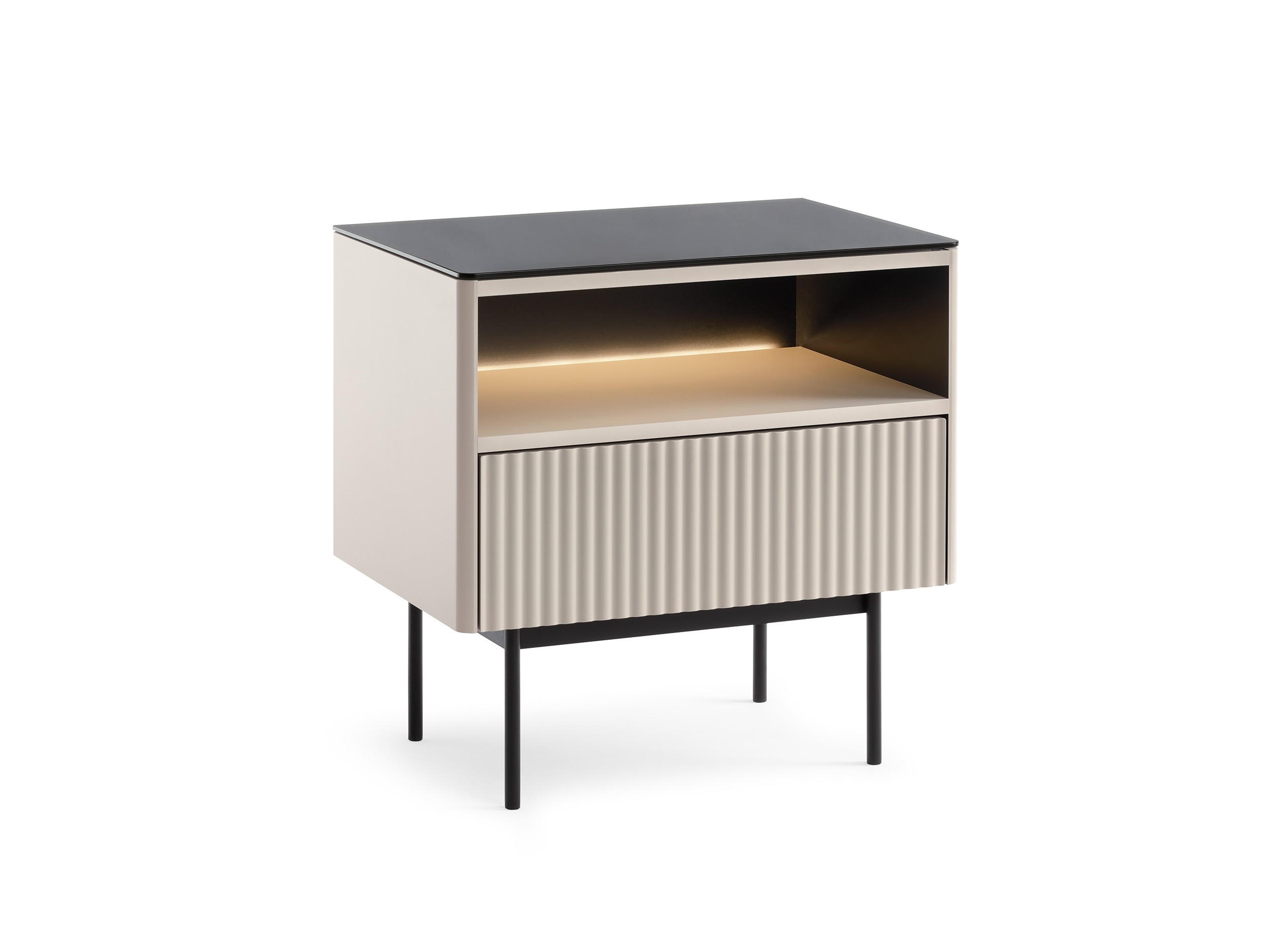 NACHTTISCH Rita Kaschmir, Nachtschrank mit Schublade und LED beleuchtung - Kaschmir/Schwarz, Holzwerkstoff (57/57/39cm) - Bettso