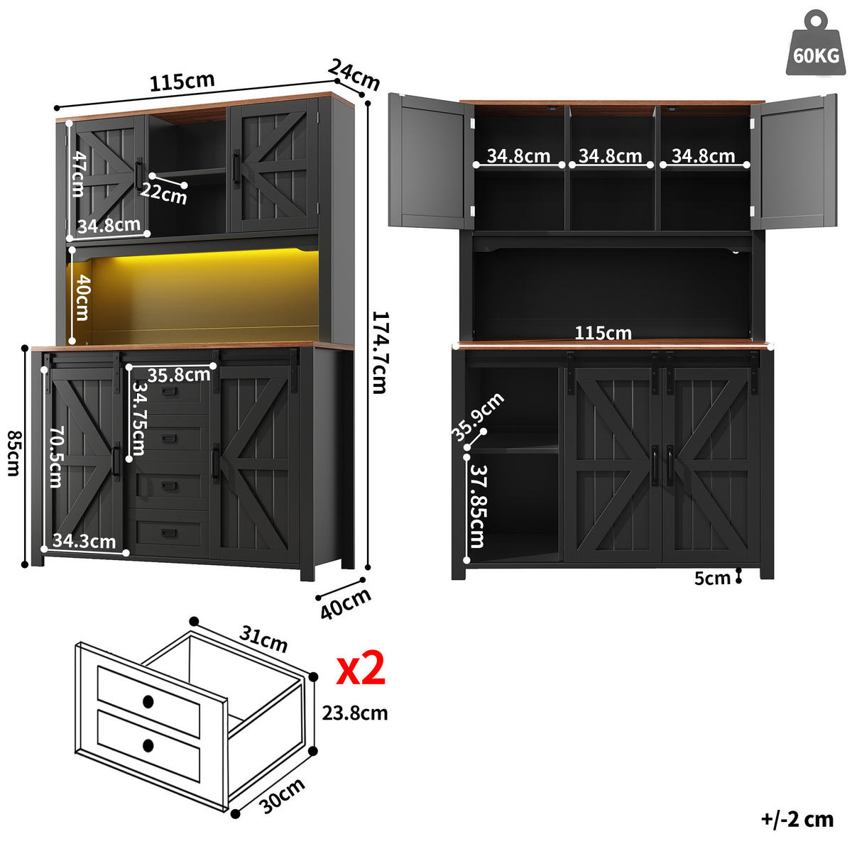 KÜCHENSCHRANK mit LED 115 x 40 x 174,7 cm MDF Metall Schwarz - Schwarz, Metall (40/174.7/115cm) - Meubliv
