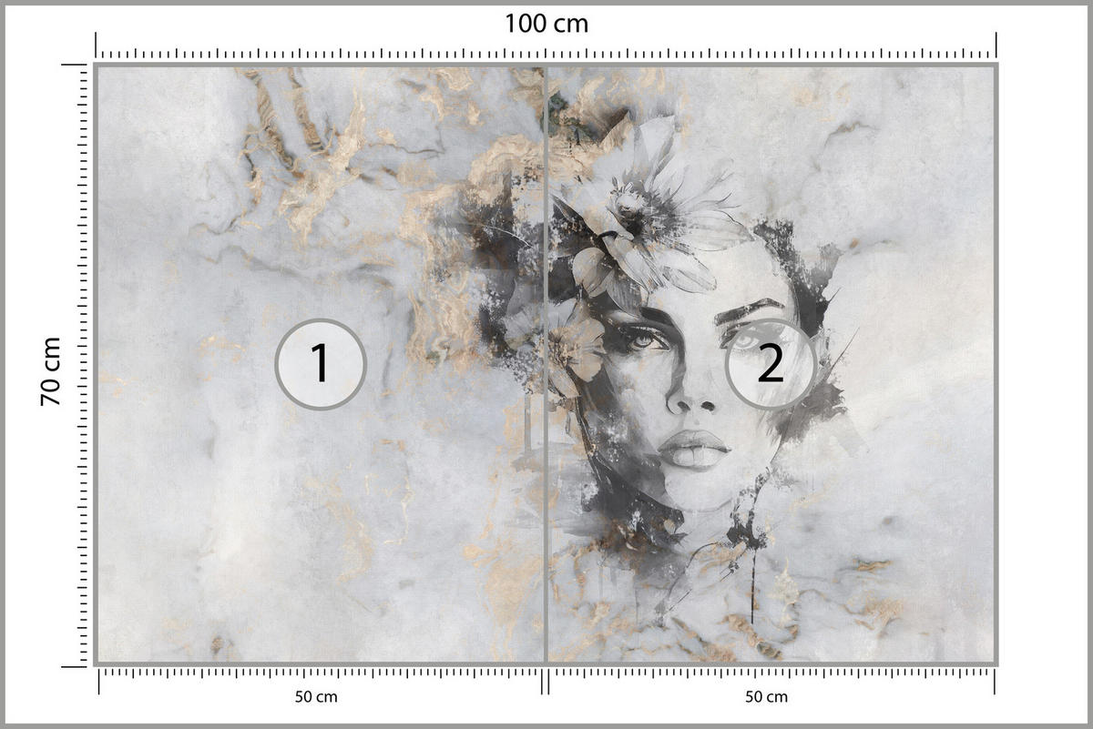 FOTOTAPETE für Wohnzimmer Frau Porträt Beton Blumen Modern 100x70 - Beige/Schwarz, Papier (100/70cm) - Muralo