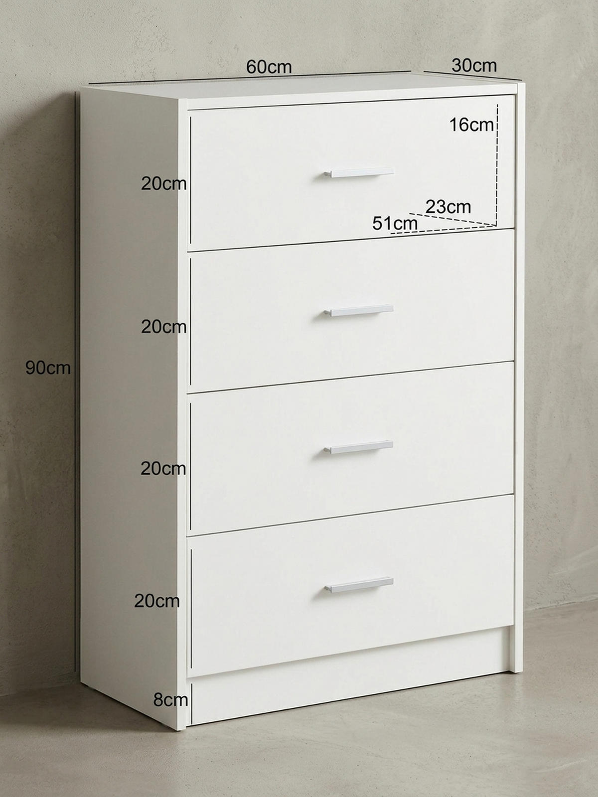 KOMMODE – Hochglanz, 4 Schubladen - Weiß, Holz/Metall (60/90/30cm) - KADIMA DESIGN