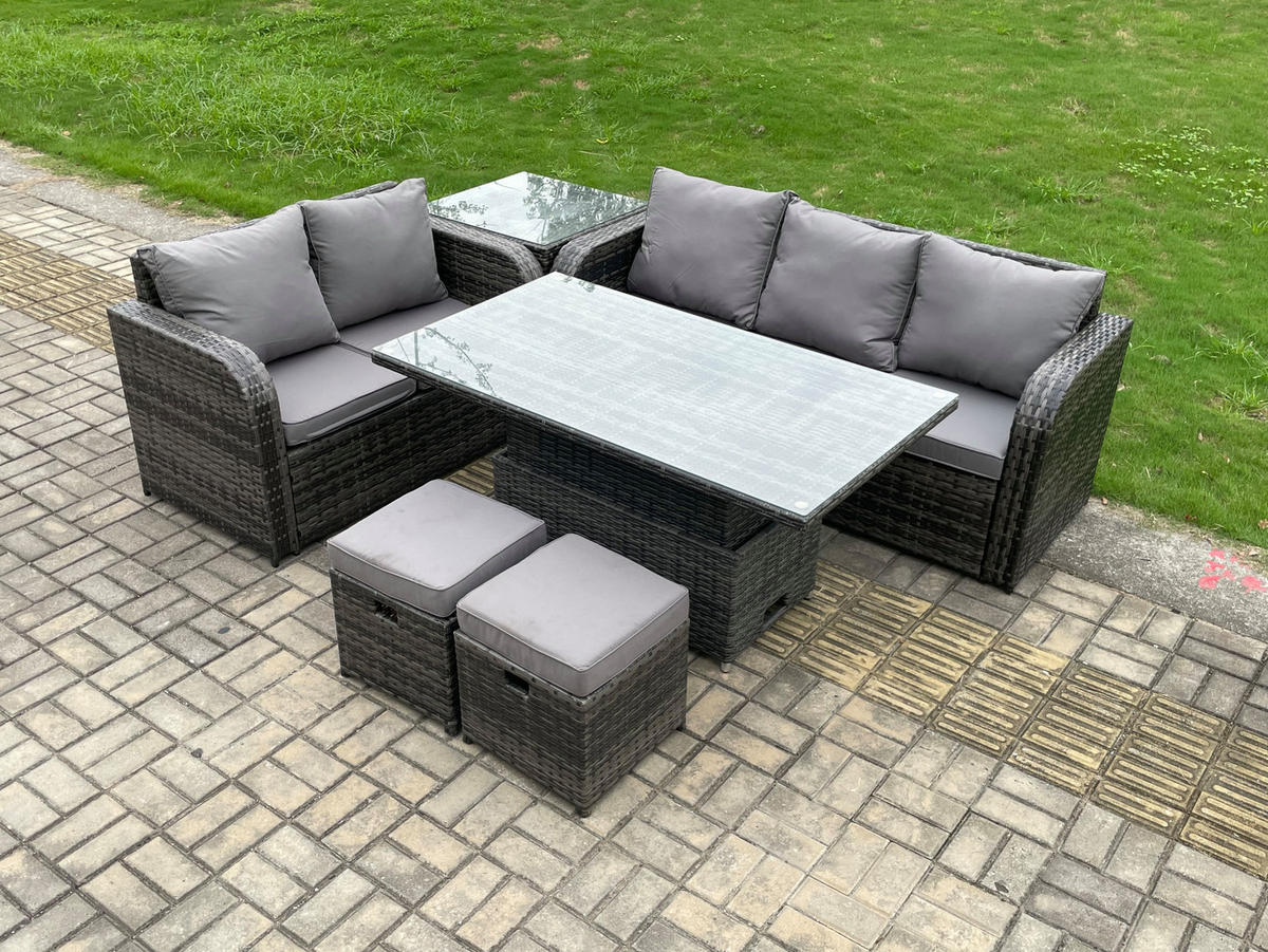 GARTENSOFA-SET hÖHENVERSTELLBARER ESSTISCH BEISTELLTISCH HOCKER Polyrattan 7-Sitzer - Dunkelgrau/Grau, Glas/Kunststoff - Fimous