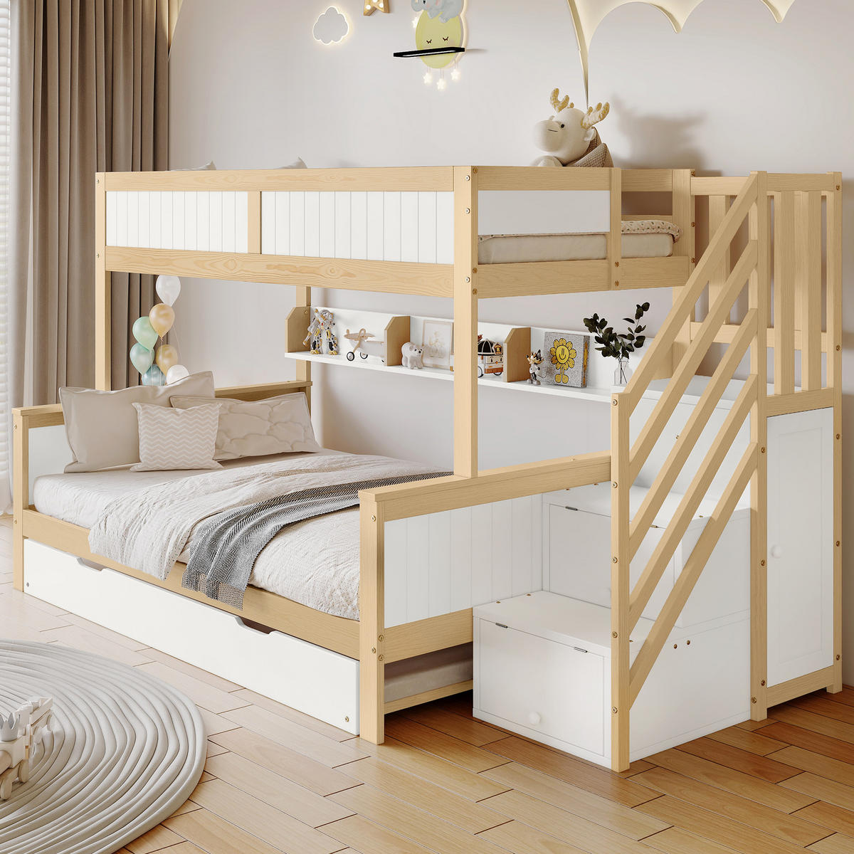 ETAGENBETT 90x200/120x200 mit Rollbett (90x190) und Stauraumtreppe, Massivholz+MDF, mit Kleiderschrank, weiß-natur - Naturfarben, Holz (120/200cm) - Luhomfu