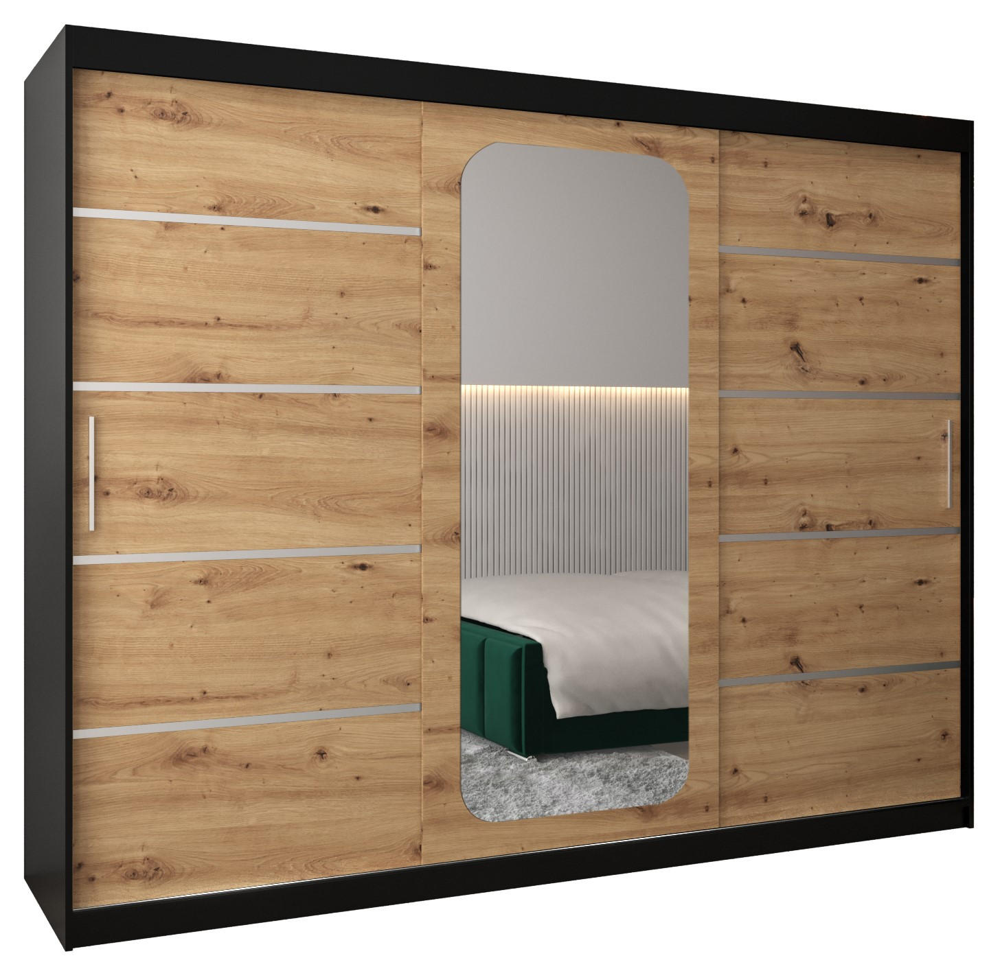 Abiks Möbel Schwebetürenschrank Schwarz, Eiche Artisan 250x200x62 cm