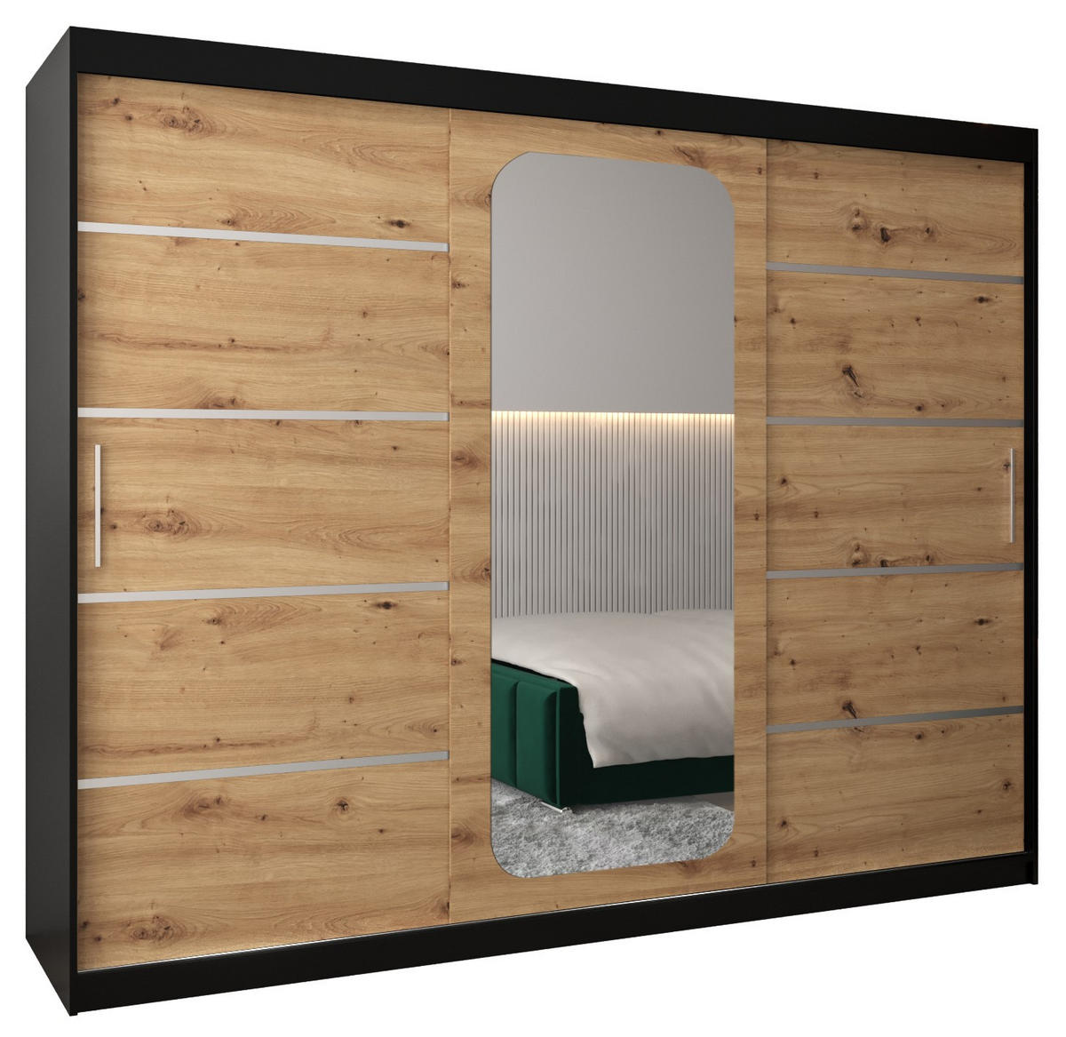 SCHWEBETÜRENSCHRANK 200/250/62 3-türig - Silberfarben/Schwarz, Holz/Kunststoff (250/200/62cm) - Abiks Möbel