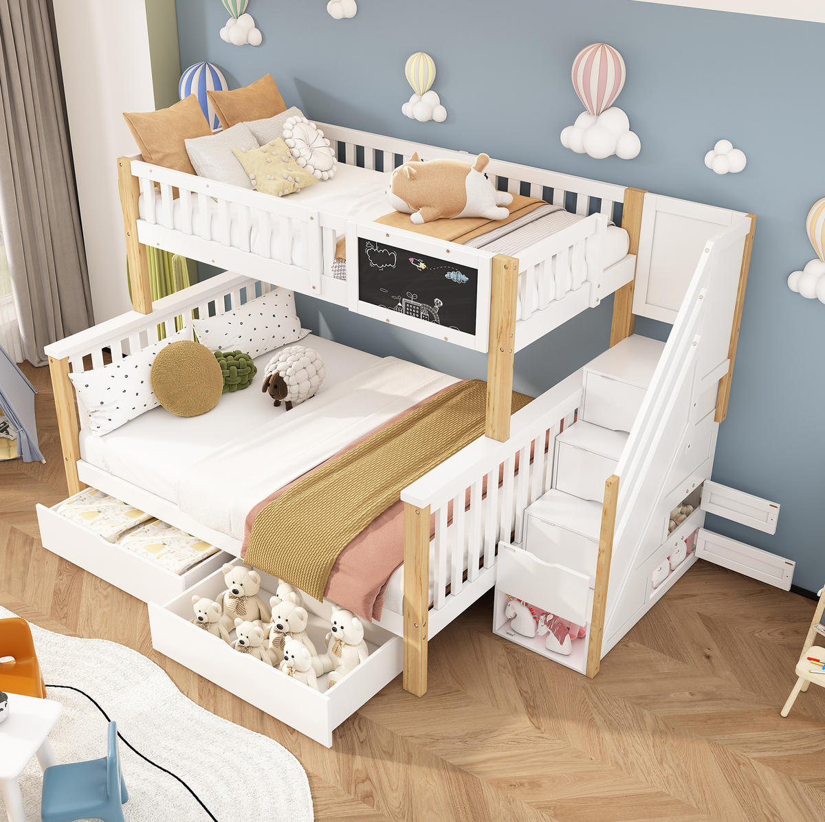 ETAGENBETT 90/200 + 140/200 cm aus Massivholz mit Tafel, Treppe und Stauraum Weiß/Eiche hell - Weiß, Holz (90/200cm) - Modenvie