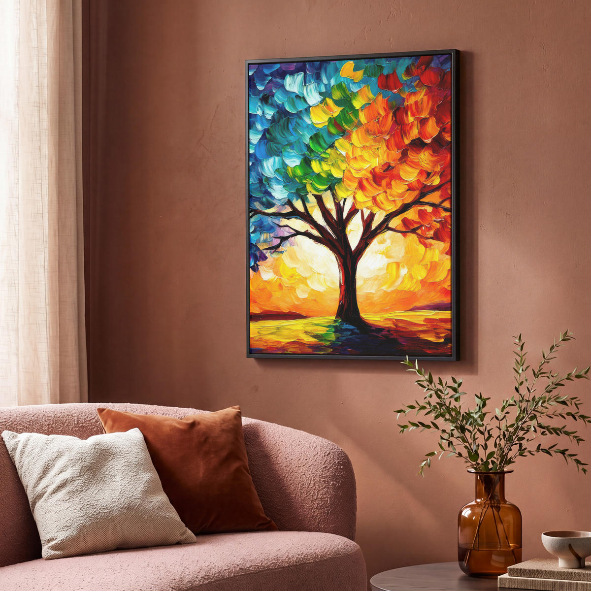LEINWAND Bilder mit Rahmen - Baum - Kunst - Natur - Sonnenuntergang - 70x100 - Multicolor, Textil (70/100cm) - MuchoWow