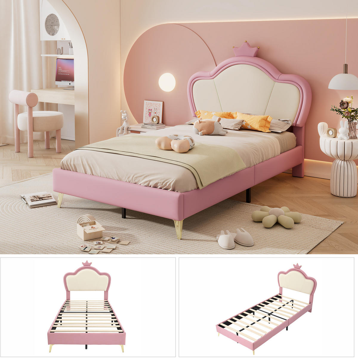 KINDERBETT 90/200 cm aus PU mit gepolstertem Kronen-Kopfteil und weichen Schutzkanten, Rosa/Weiß - Weiß, Kunststoff (90/200cm) - Redom