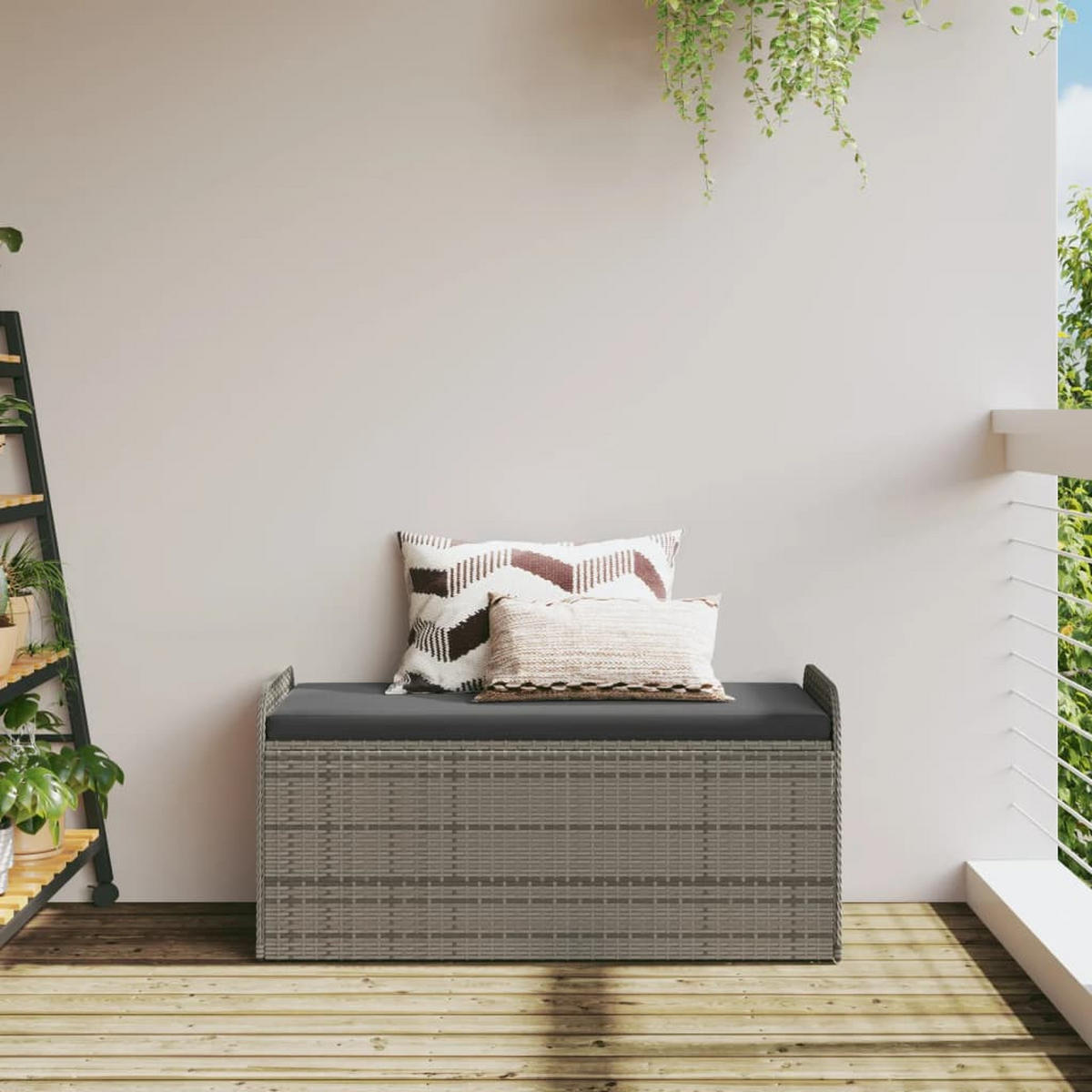 SITZBANK Mit Stauraum & Kissen Grau 115/51/52 Cm Poly Rattan - Schwarz/Grau, Kunststoff/Textil (115/52/51cm) - vidaXL