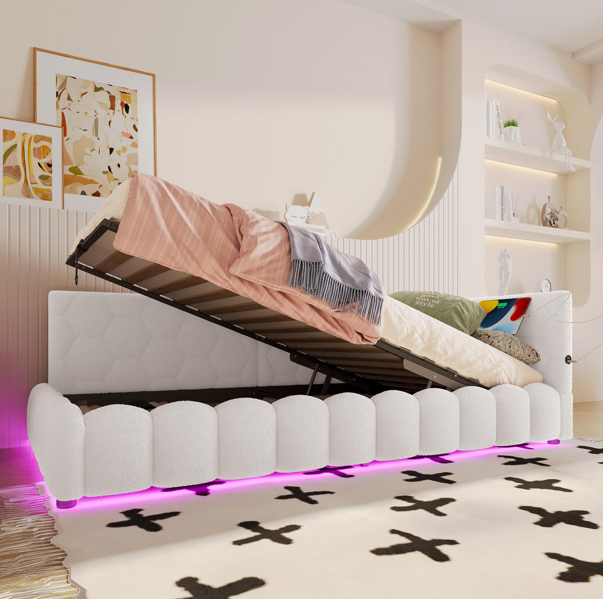 POLSTERBETT 90/200 cm Weiß aus Vliesimitat und MDF mit LED-Lichtleiste - Weiß, Textil (90/200cm) - OKMYHOME