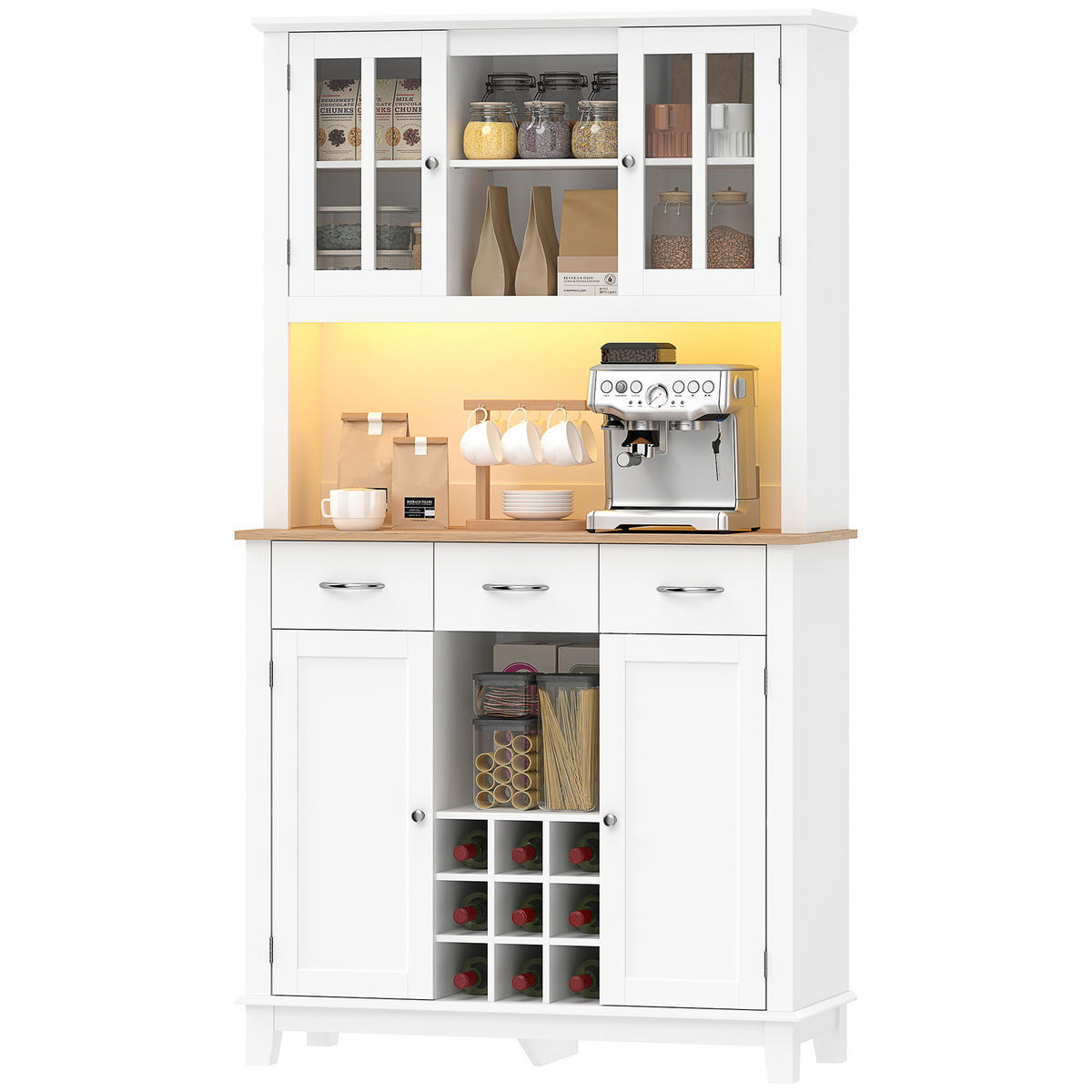 BUFFET DE-11344 LED-Licht & Weinkeller, 4 Türen, 3 Schubladen Weiß - Weiß, Holzwerkstoff (39.5/180/100cm) - ComfortXL